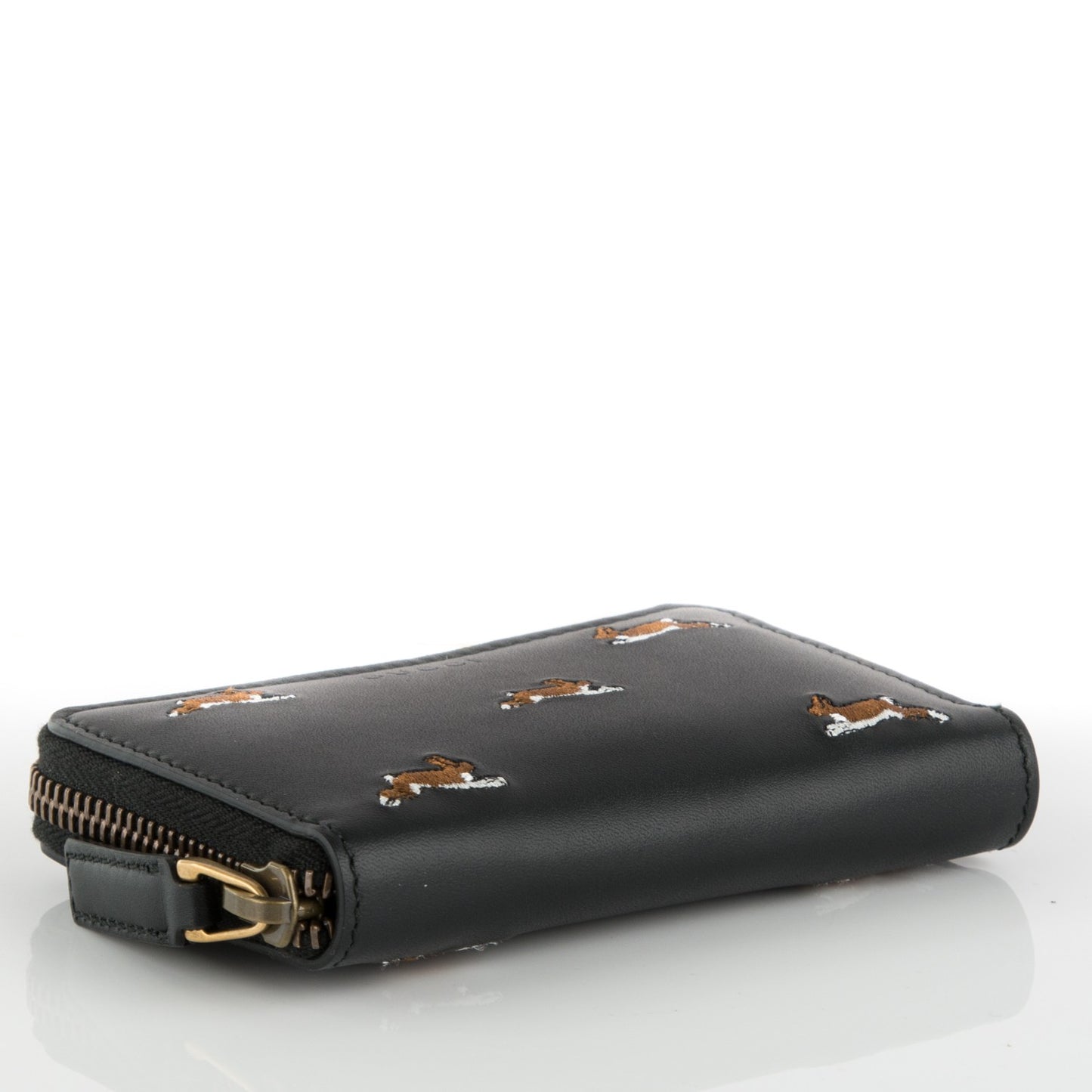 Calfskin Rabbit Embroidered Zip Around Card Case Black