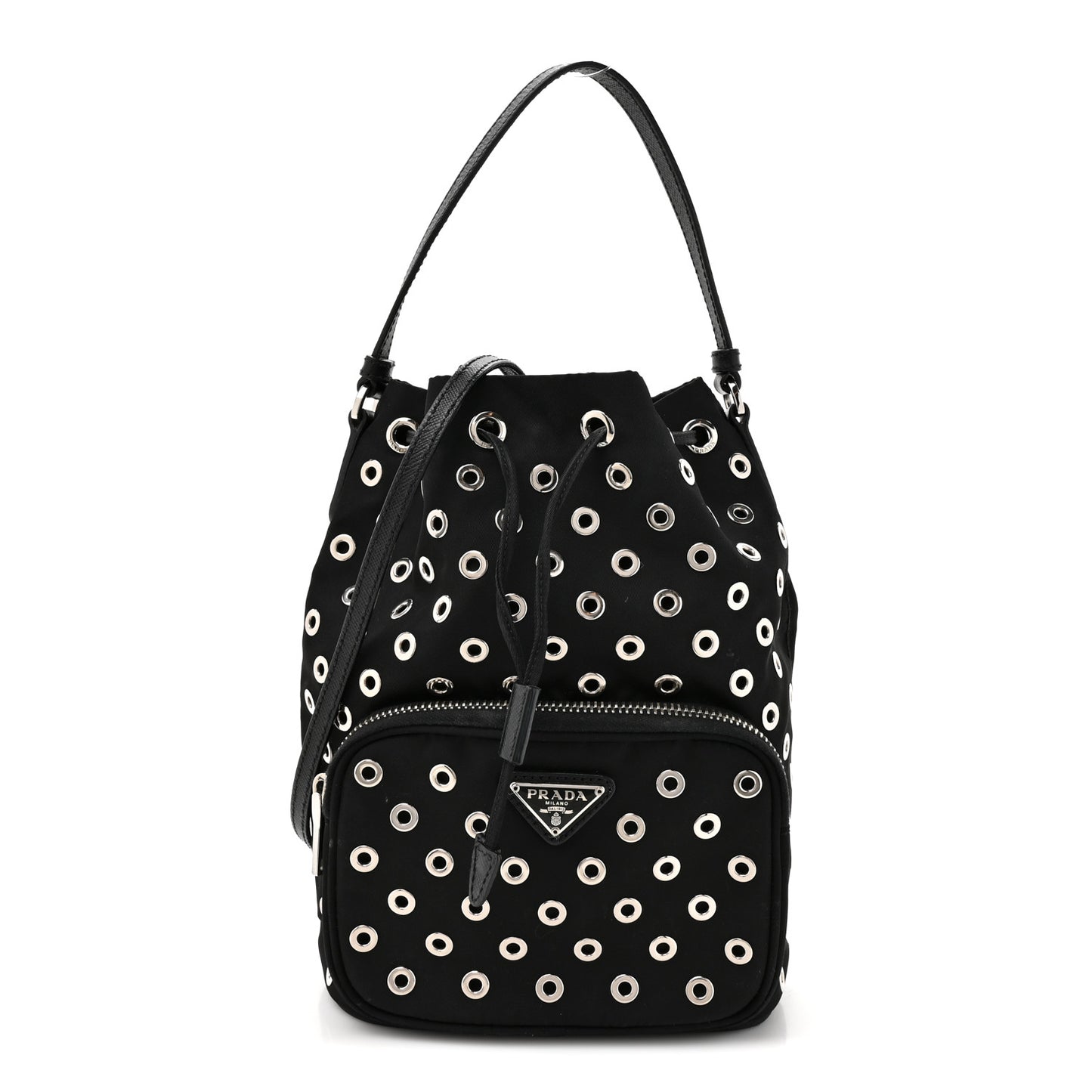 Tessuto Nylon Saffiano Grommets Mini Bucket Crossbody Bag Black