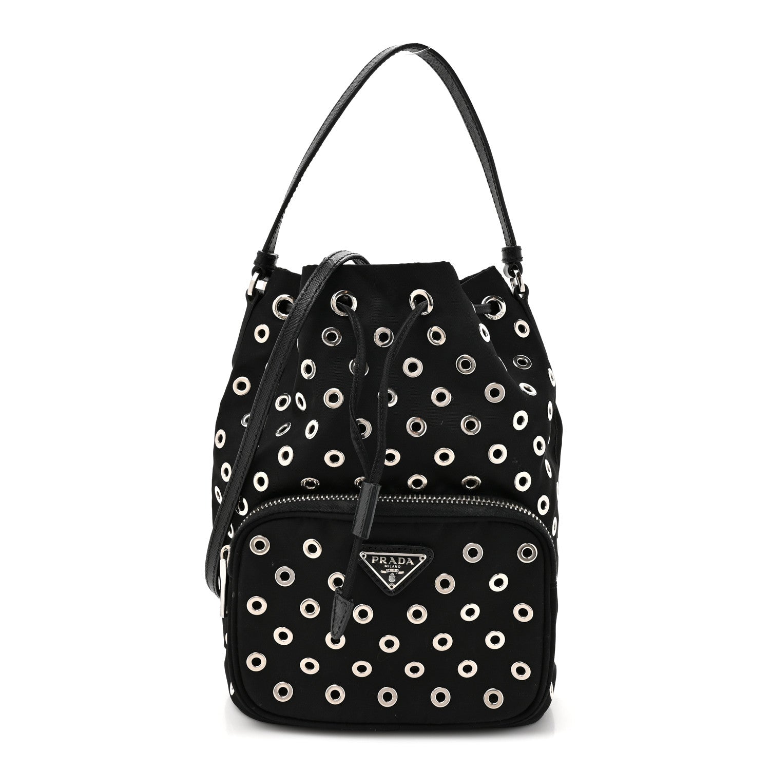 Prada Tessuto Nylon Saffiano Grommets Mini Bucket Crossbody Bag Black 1 of 11