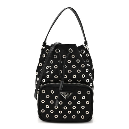Prada Tessuto Nylon Saffiano Grommets Mini Bucket Crossbody Bag Black 1 of 11