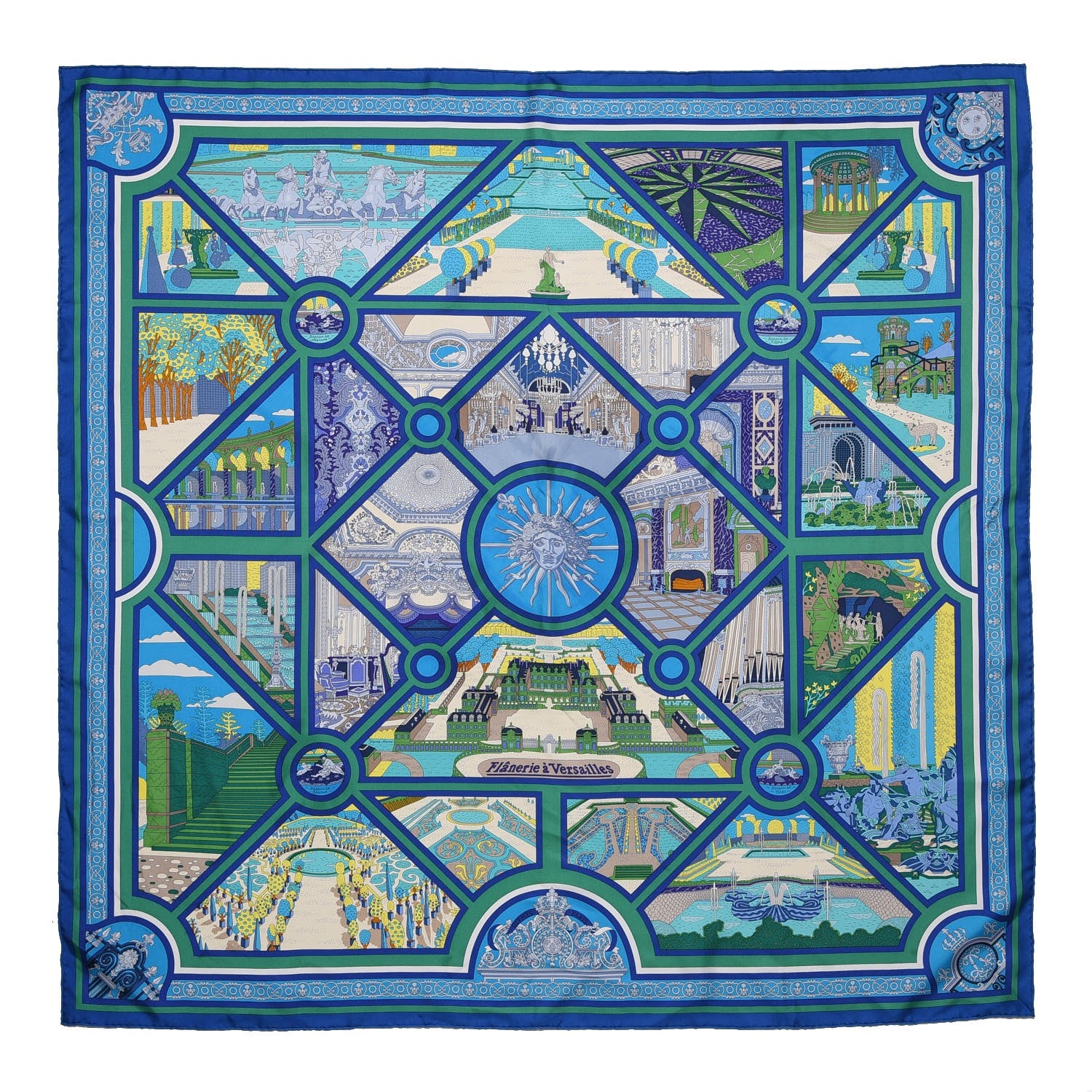 Hermes Silk Flanerie A Versailles Scarf 90 Bleu Roy Vert Jaune 1 of 5