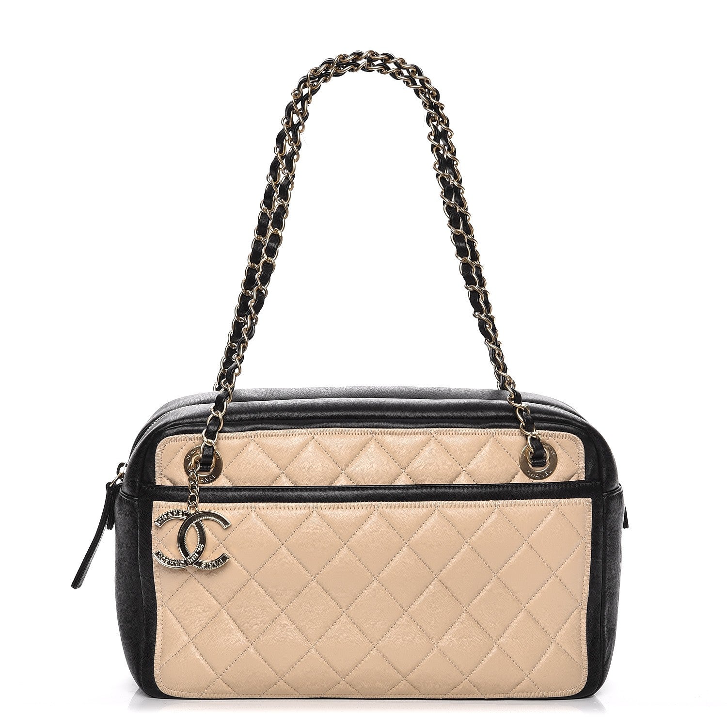 Chanel Lambskin Quilted Graphic Camera Case Beige Black 1 of 7