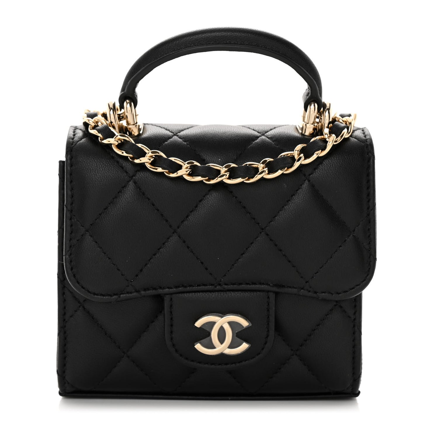 Lambskin Quilted Top Handle Flap Clutch With Chain Black