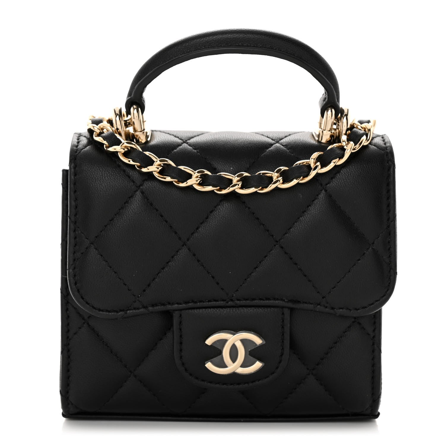Chanel Lambskin Quilted Top Handle Flap Clutch With Chain Black 1 of 12