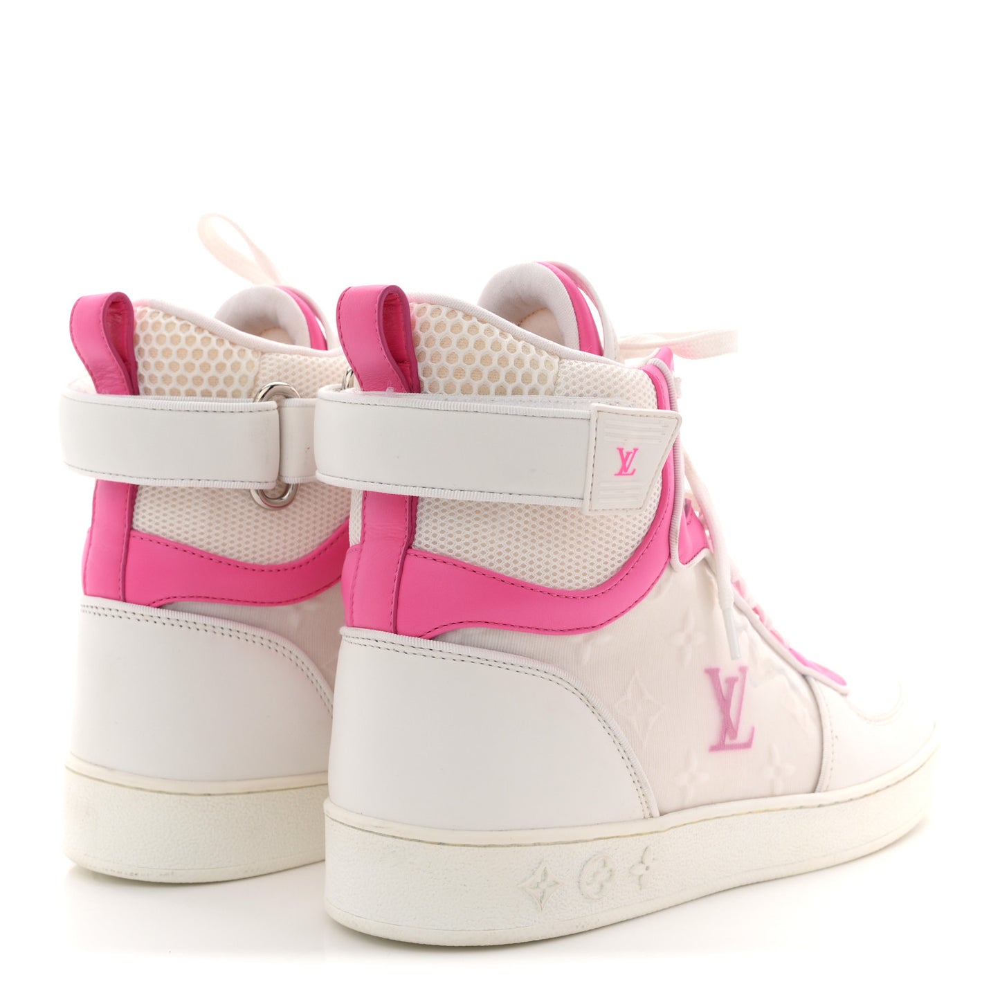 Calfskin Nylon Mesh Monogram Womens Boombox High Top Sneakers 39 White Pink