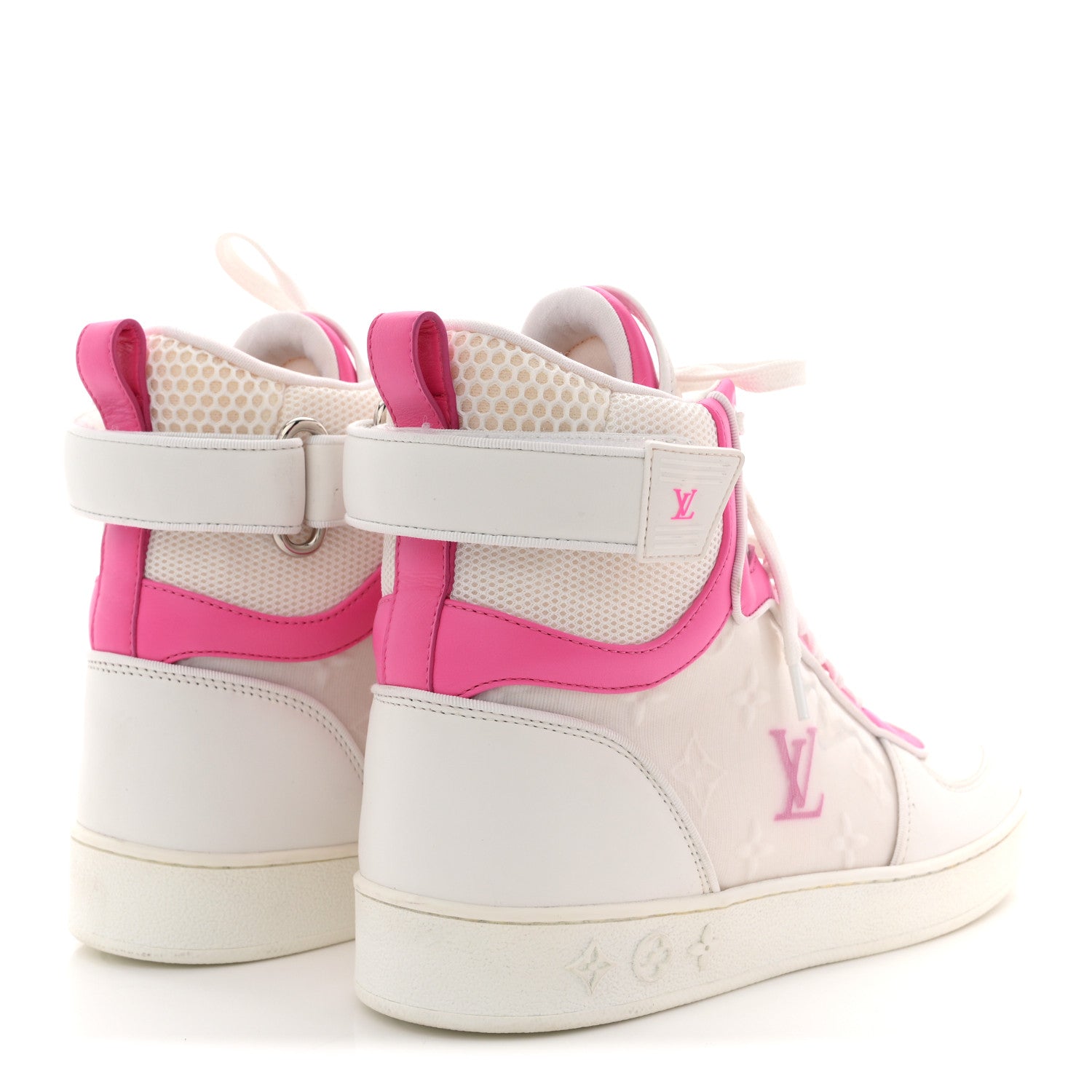 Louis Vuitton Calfskin Nylon Mesh Monogram Womens Boombox High Top Sneakers 39 White Pink 5 of 11