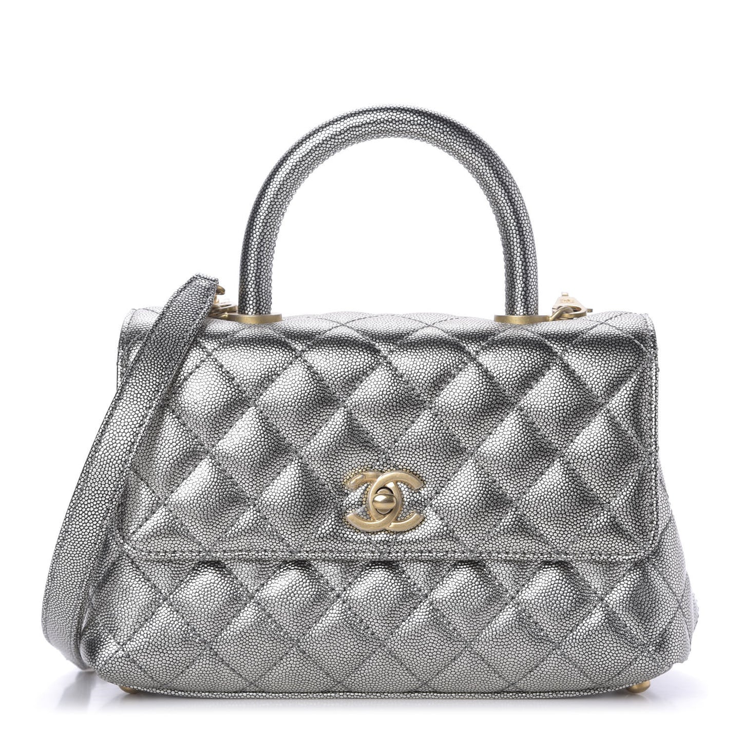 Metallic Caviar Quilted Mini Coco Handle Flap Silver