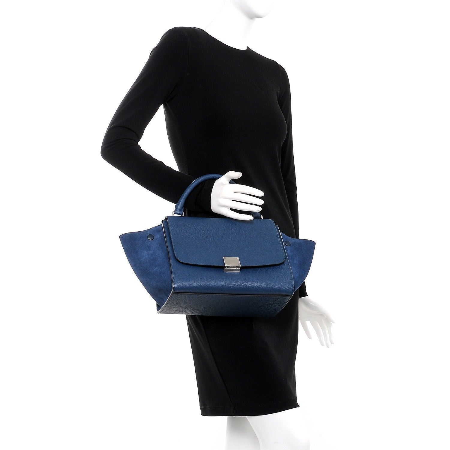 Celine Drummed Calfskin Suede Small Trapeze Ocean Blue 3 of 9