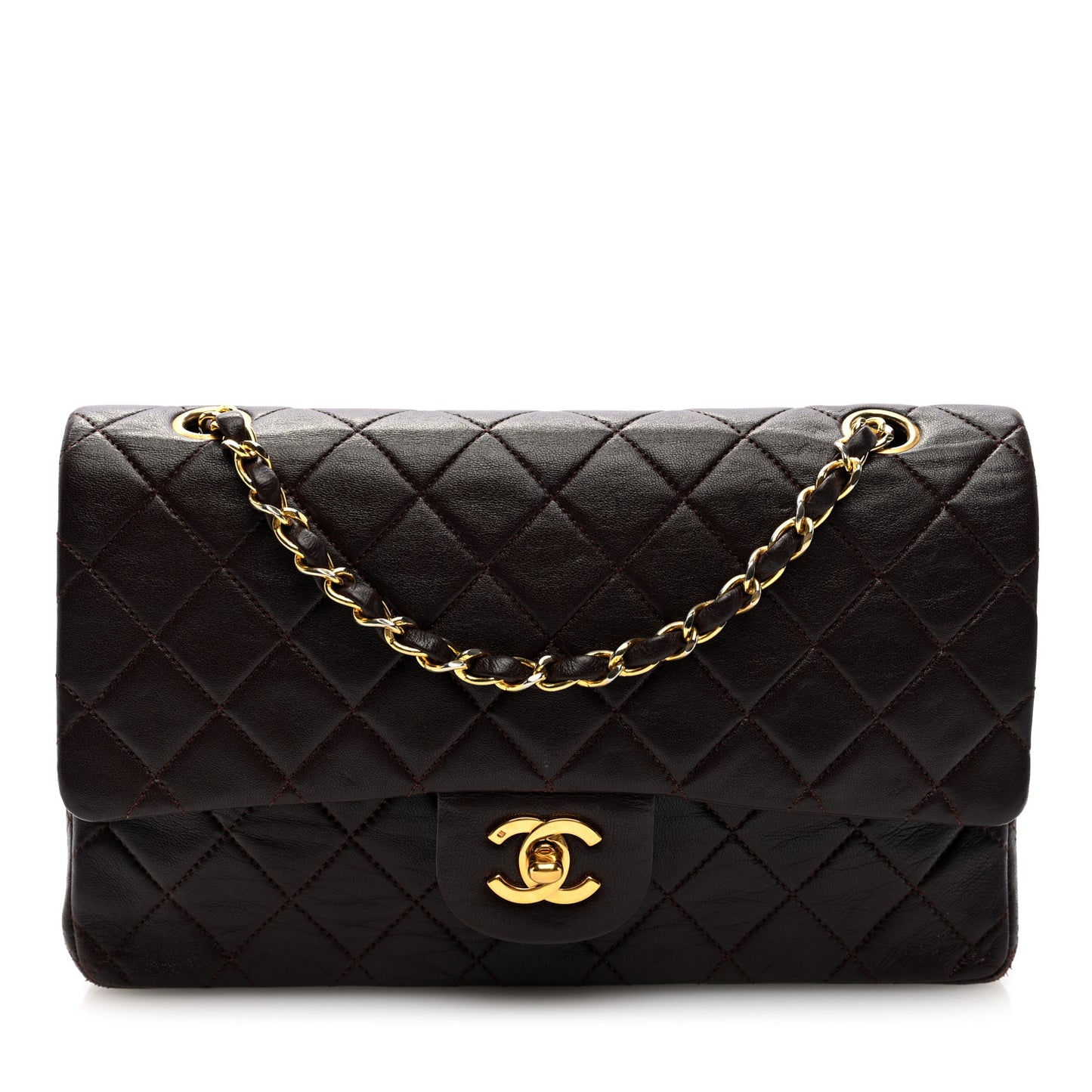 Lambskin Quilted Medium Double Flap Dark Brown