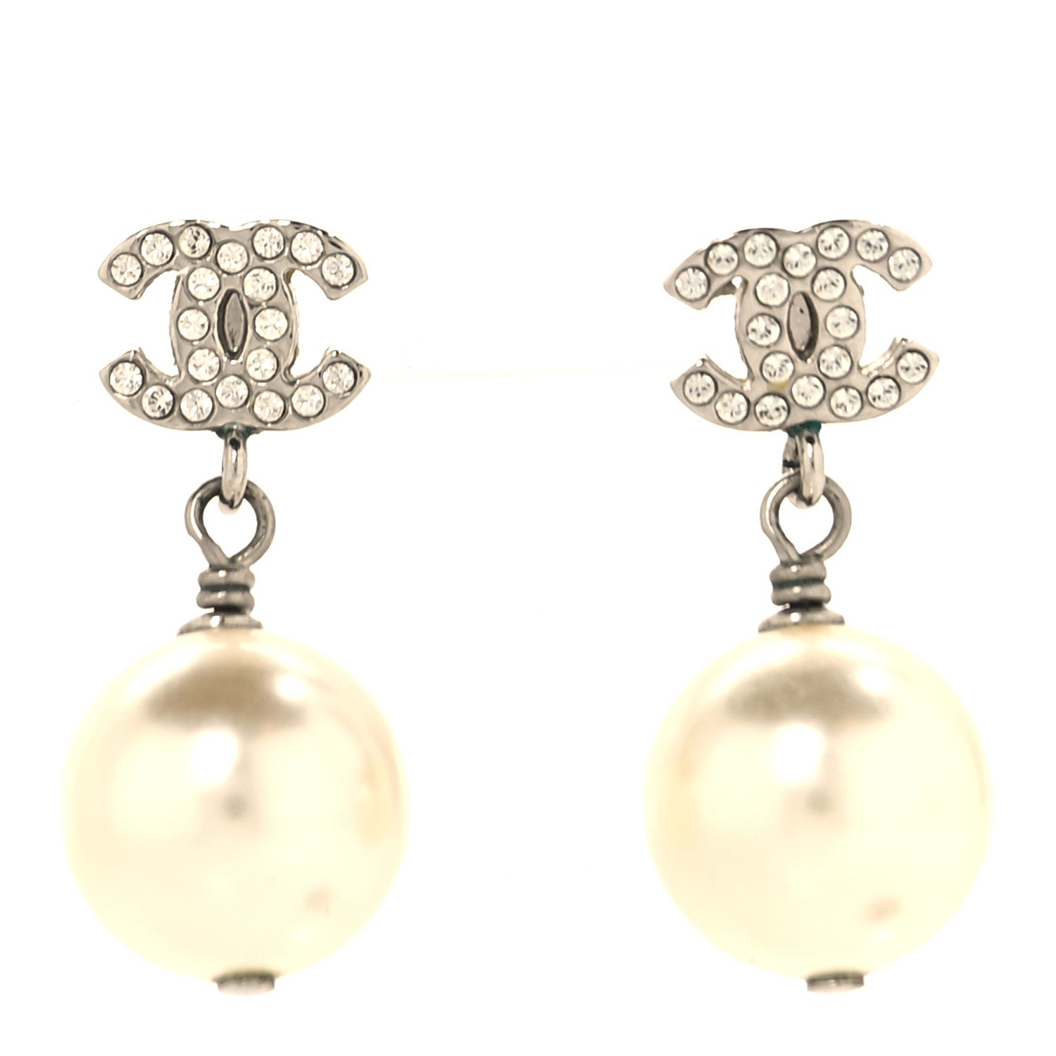 Chanel Crystal Pearl CC Drop Earrings Silver Pearly White 1 of 5