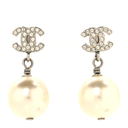 Chanel Crystal Pearl CC Drop Earrings Silver Pearly White 1 of 5