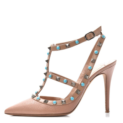 Valentino Garavani Pebbled Calfskin Rockstud Rolling Ankle Strap 100mm Pumps 38 Soft Noisette 1 of 9