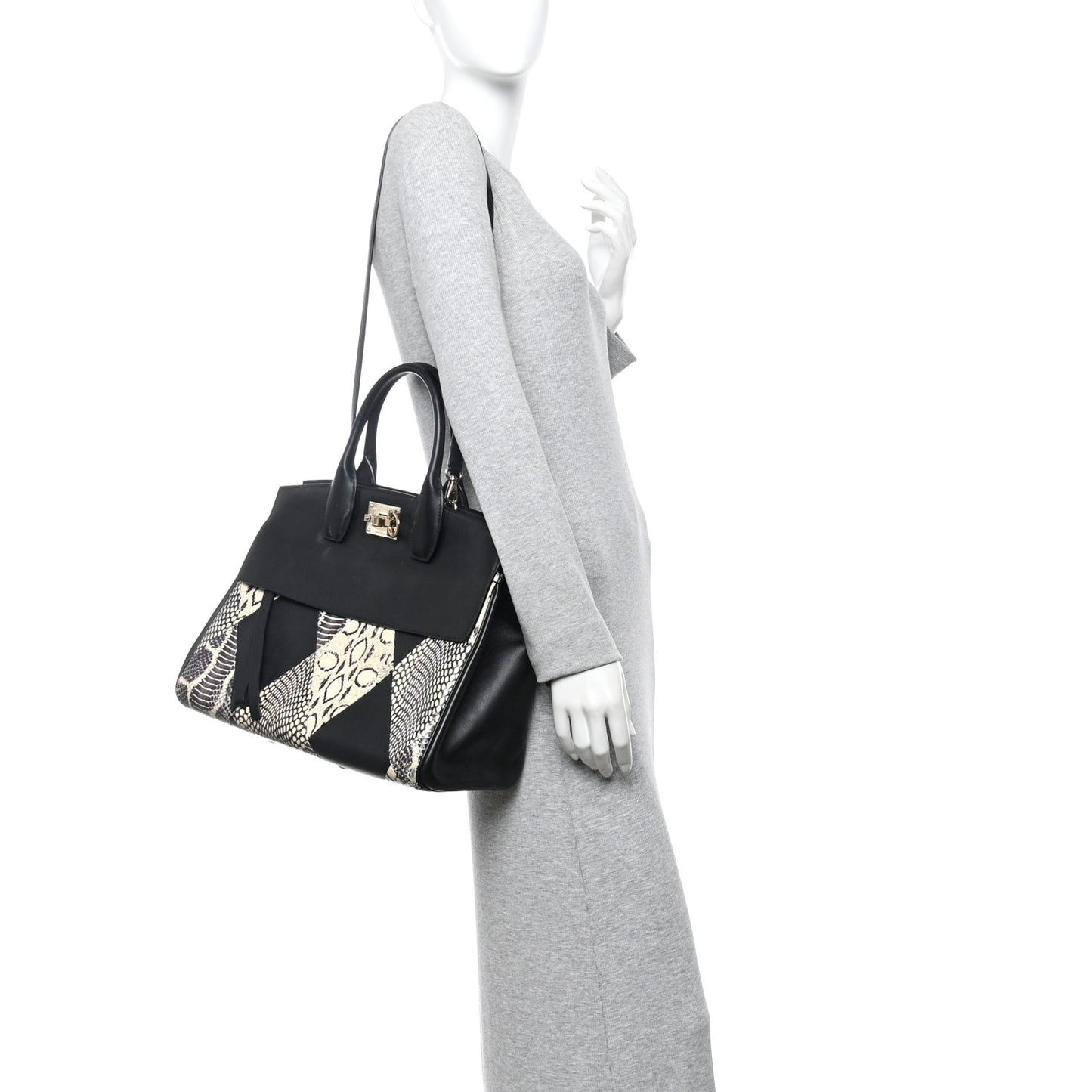 Calfskin Snakeskin Gancini Large Studio Bag Black Beige