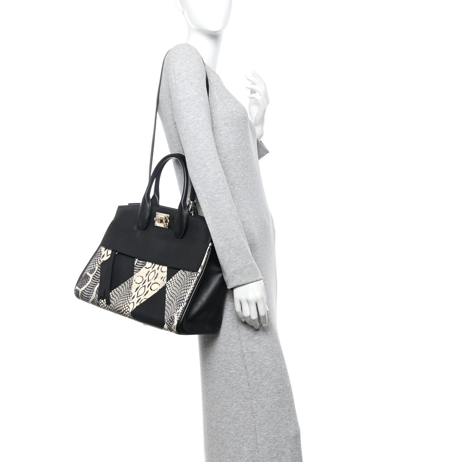 Salvatore Ferragamo Calfskin Snakeskin Gancini Large Studio Bag Black Beige 2 of 14
