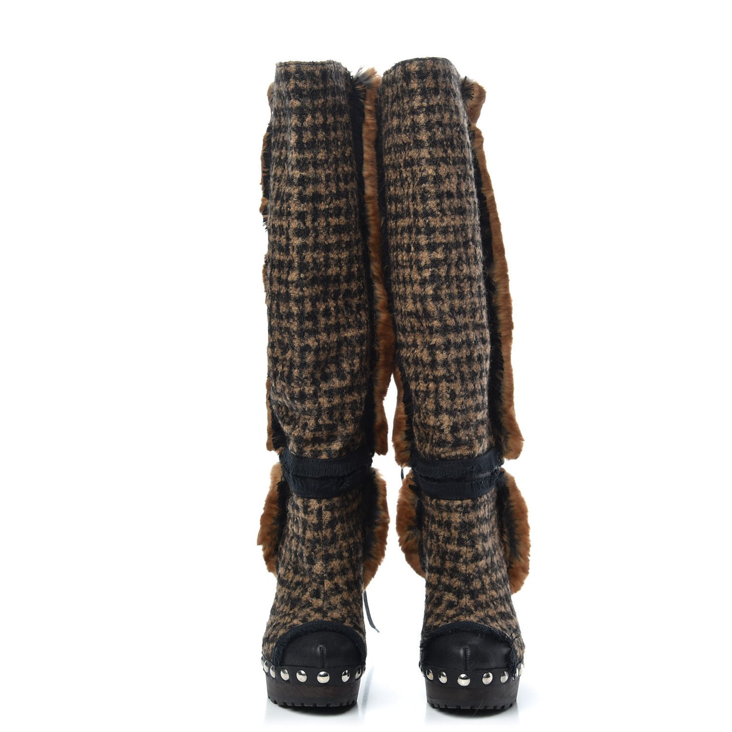 Tweed Fantasy Fur CC High Boots 38 Camel Marron