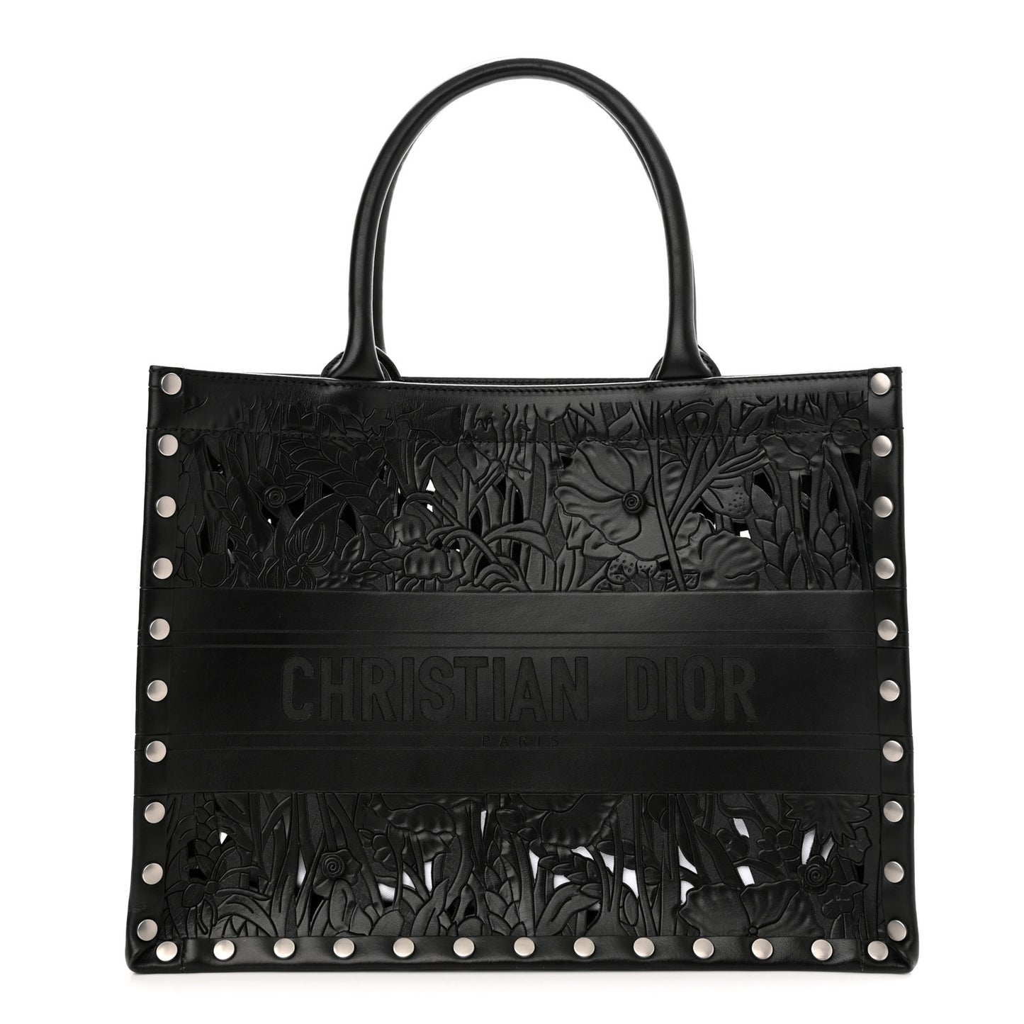 Calfskin Laser Cut Studded Medium Book Tote Black