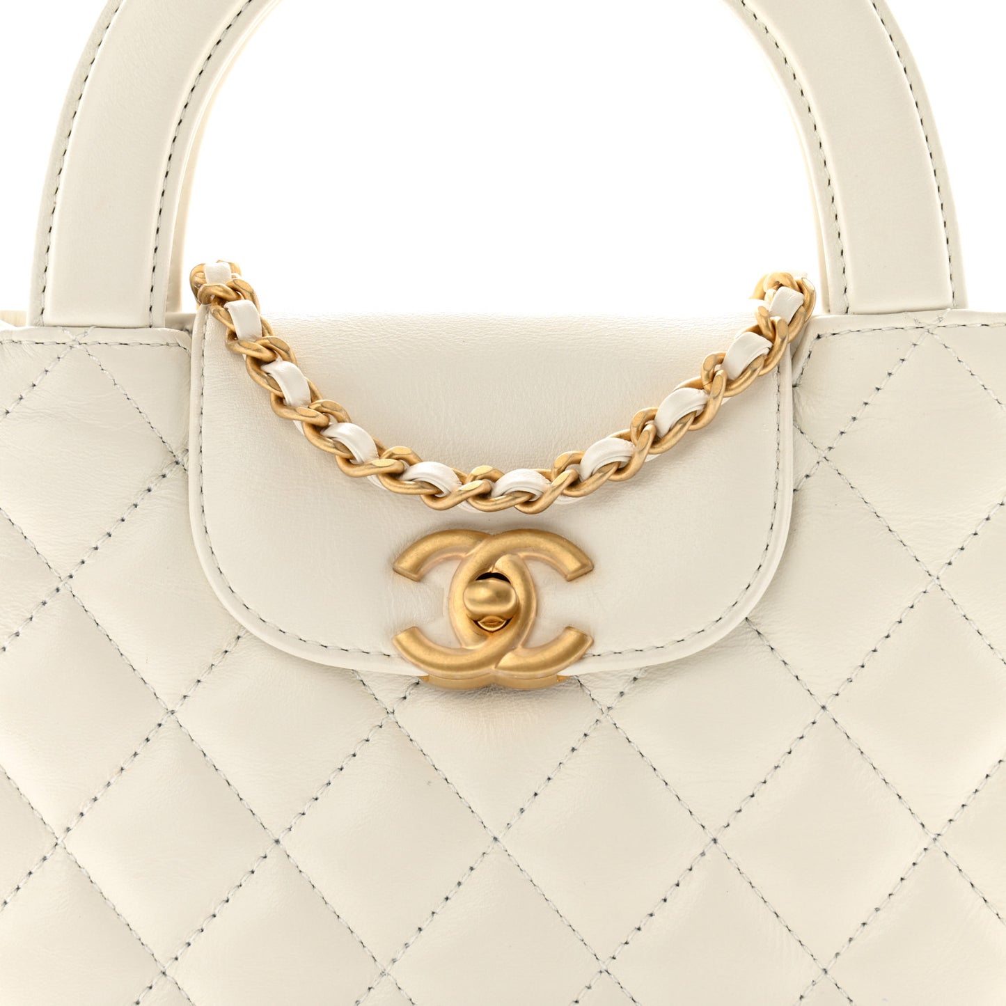 Shiny Aged Calfskin Quilted Nano Kelly Shopper White