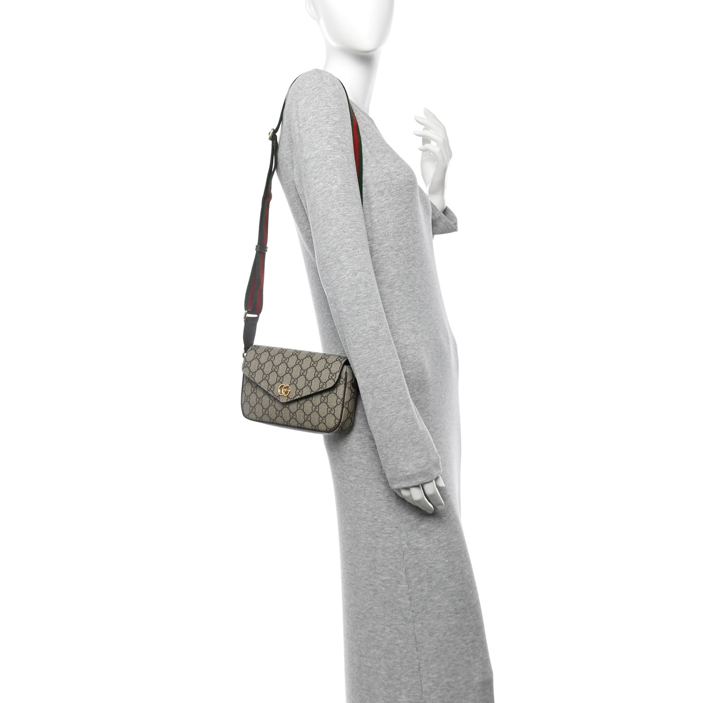 GG Supreme Monogram Textured Dollar Calfskin Web Mini Ophidia Envelope Shoulder Bag Beige Ebony New Acero