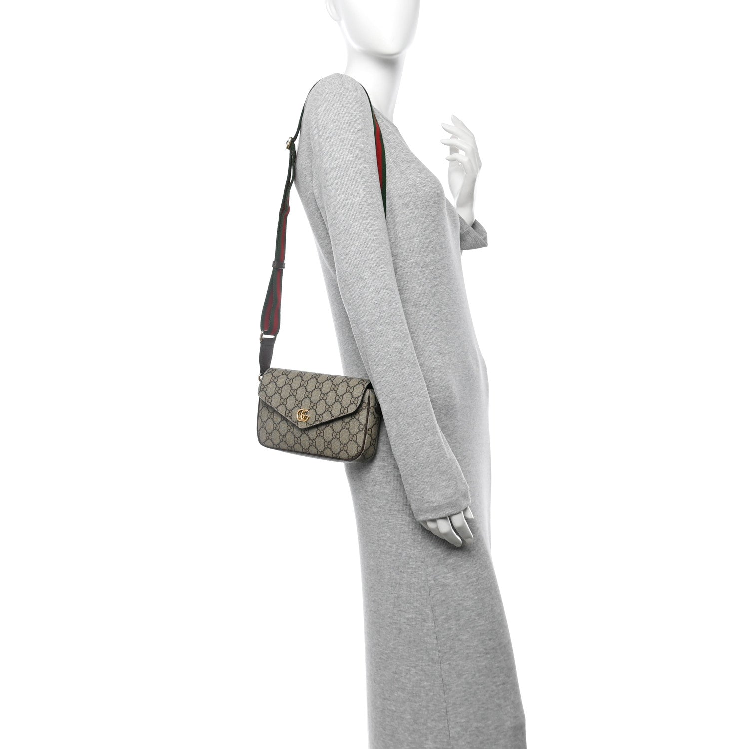 Gucci GG Supreme Monogram Textured Dollar Calfskin Web Mini Ophidia Envelope Shoulder Bag Beige Ebony New Acero 2 of 10