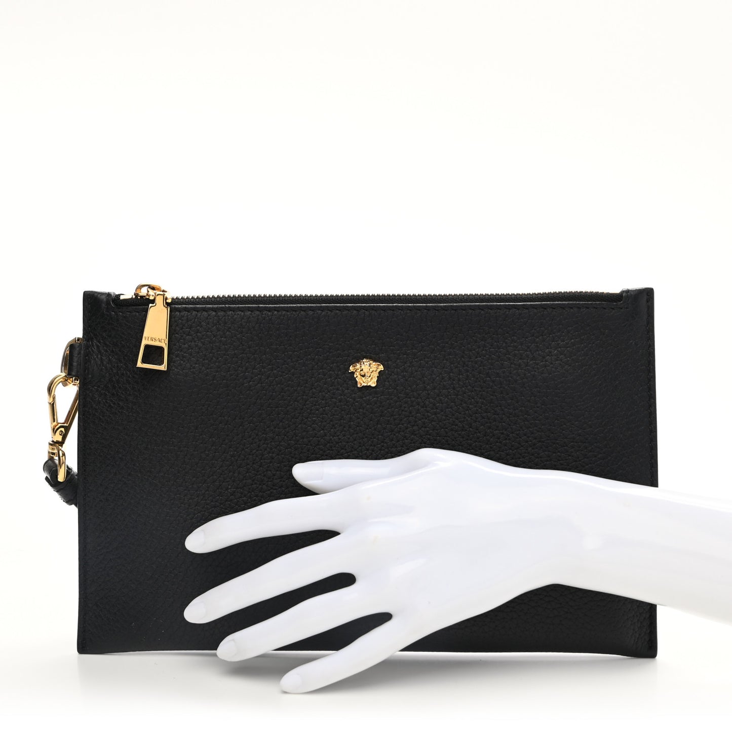 Grained Calfskin Medusa Wrist Pouch Black