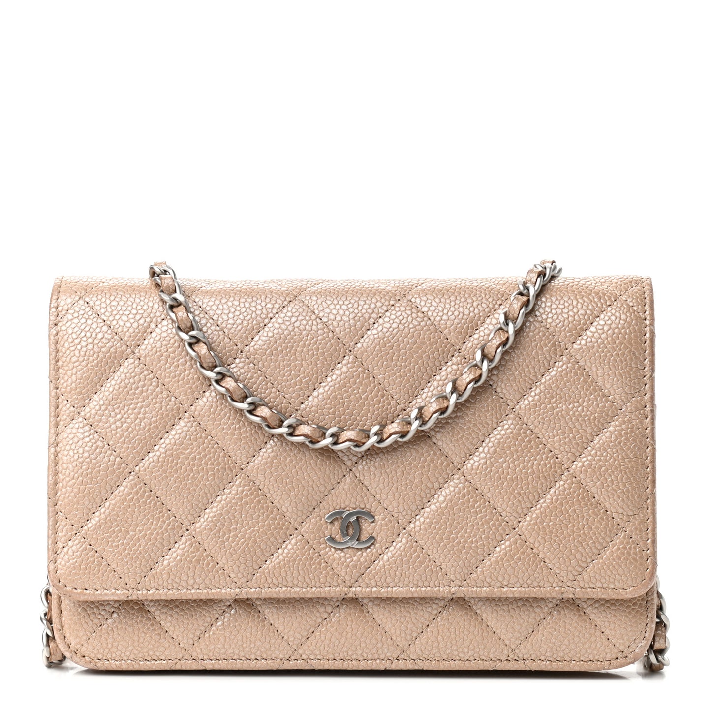 Pearly Caviar Quilted Wallet On Chain WOC Dark Beige