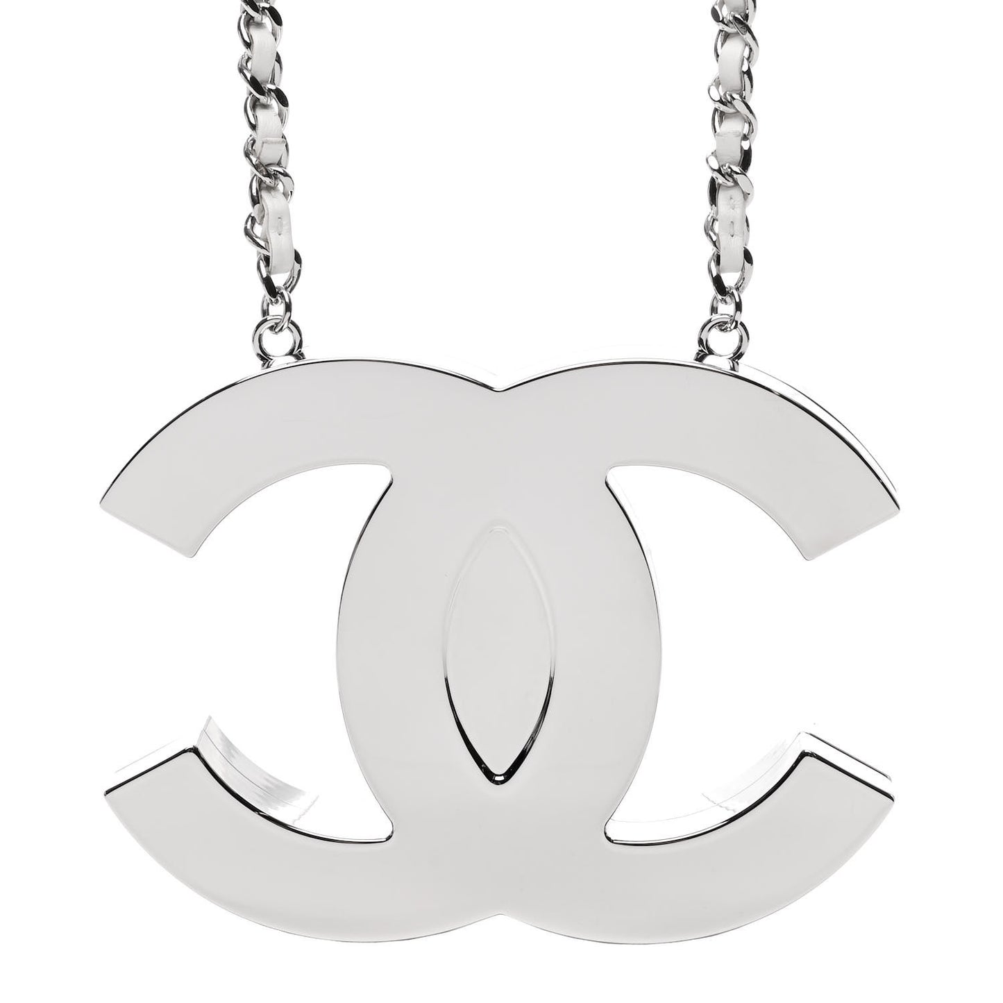Metal Calfskin CC Locket Long Necklace Silver White