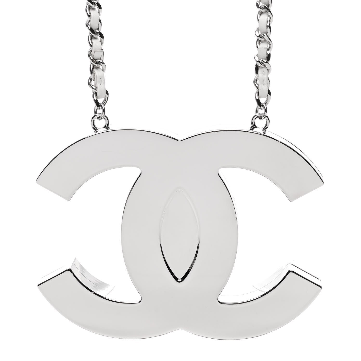Chanel Metal Calfskin CC Locket Long Necklace Silver White 4 of 6