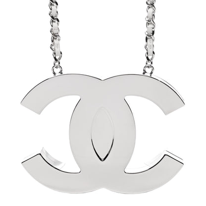 Chanel Metal Calfskin CC Locket Long Necklace Silver White 4 of 6