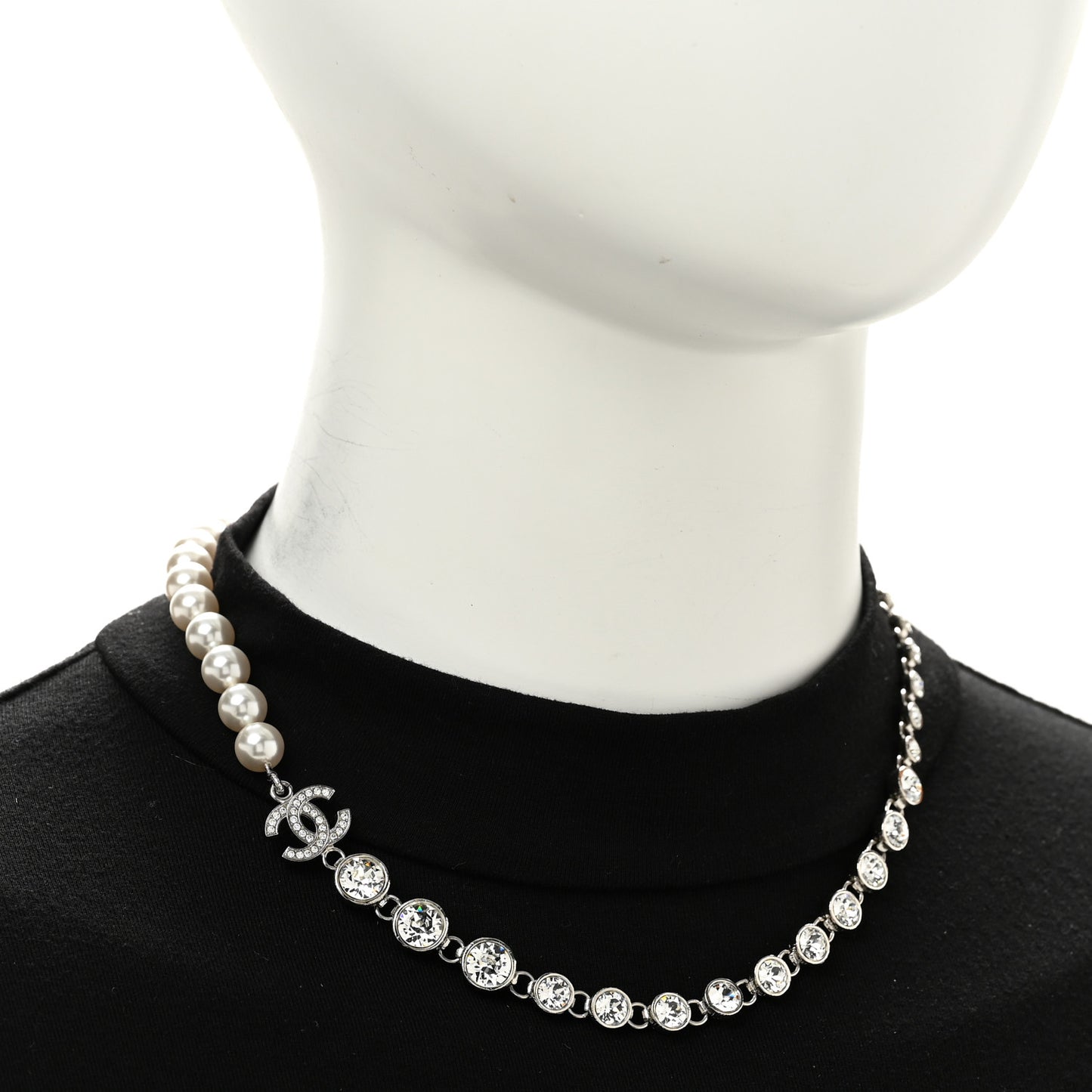 Pearl Crystal CC Choker Necklace Silver