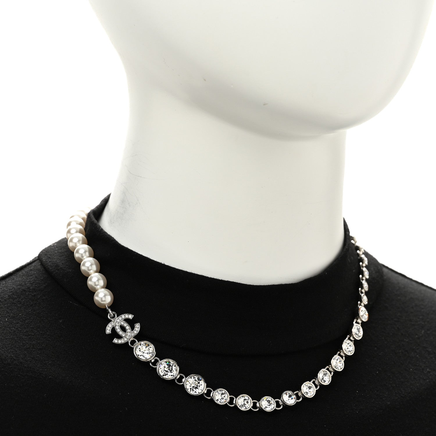Chanel Pearl Crystal CC Choker Necklace Silver 2 of 5