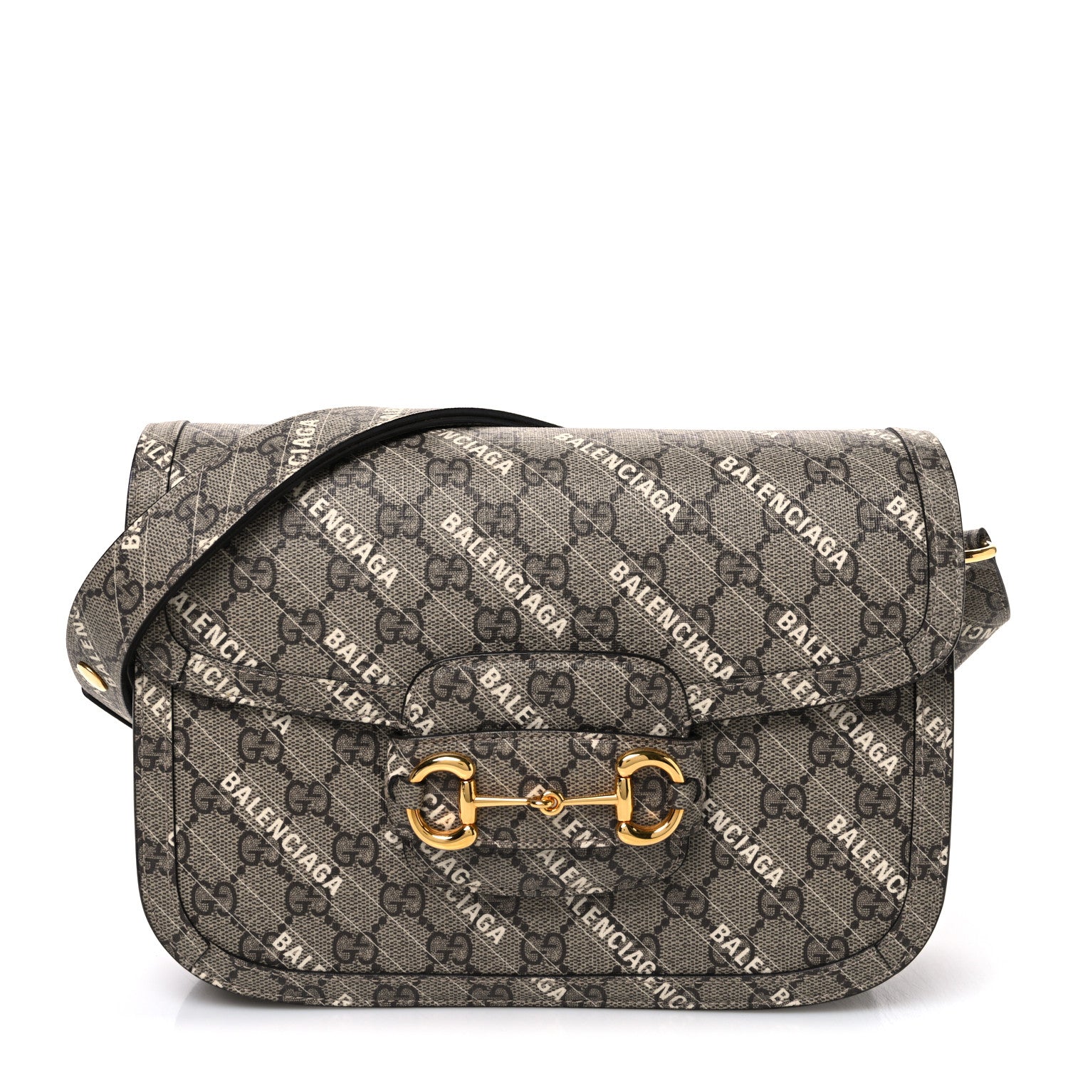 Gucci X BALENCIAGA GG Supreme Monogram Logo Print Horsebit 1955 Shoulder Bag Beige Ebony 1 of 10
