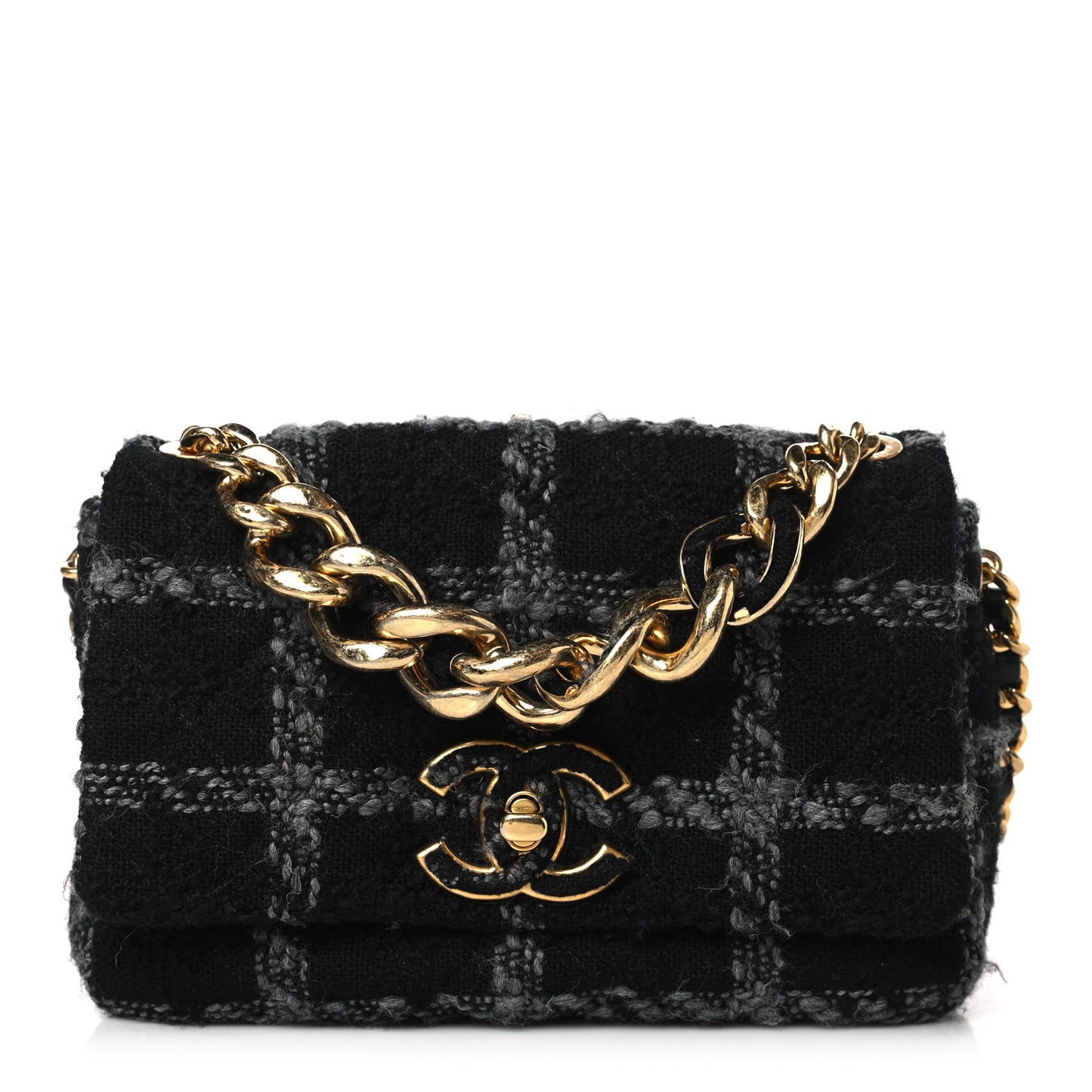 Wool Tweed Quilted Elegant Chain Flap Black Grey