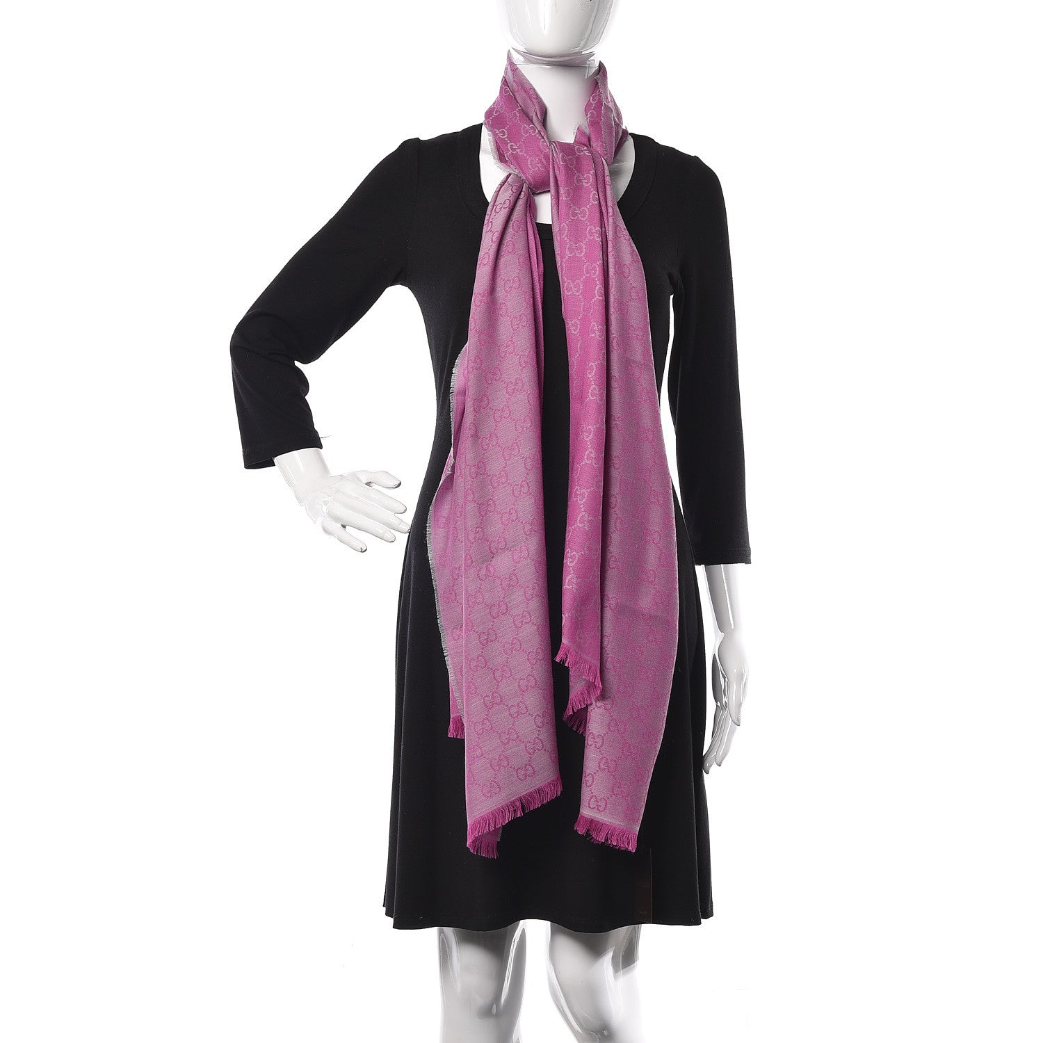 Gucci Wool Silk GG Monogram GGWeblong Fringe Scarf Shawl Zinc Pink 2 of 5