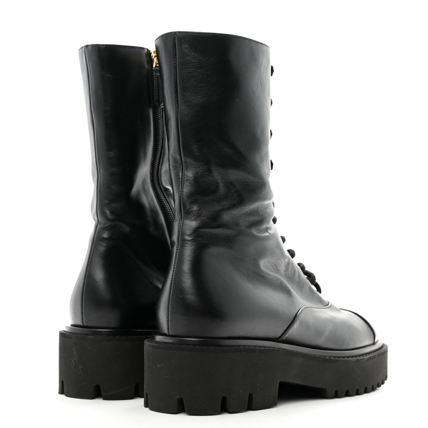 Crumpled Calfskin Patent Cap Toe Lace Up Combat Boots 39.5 Black