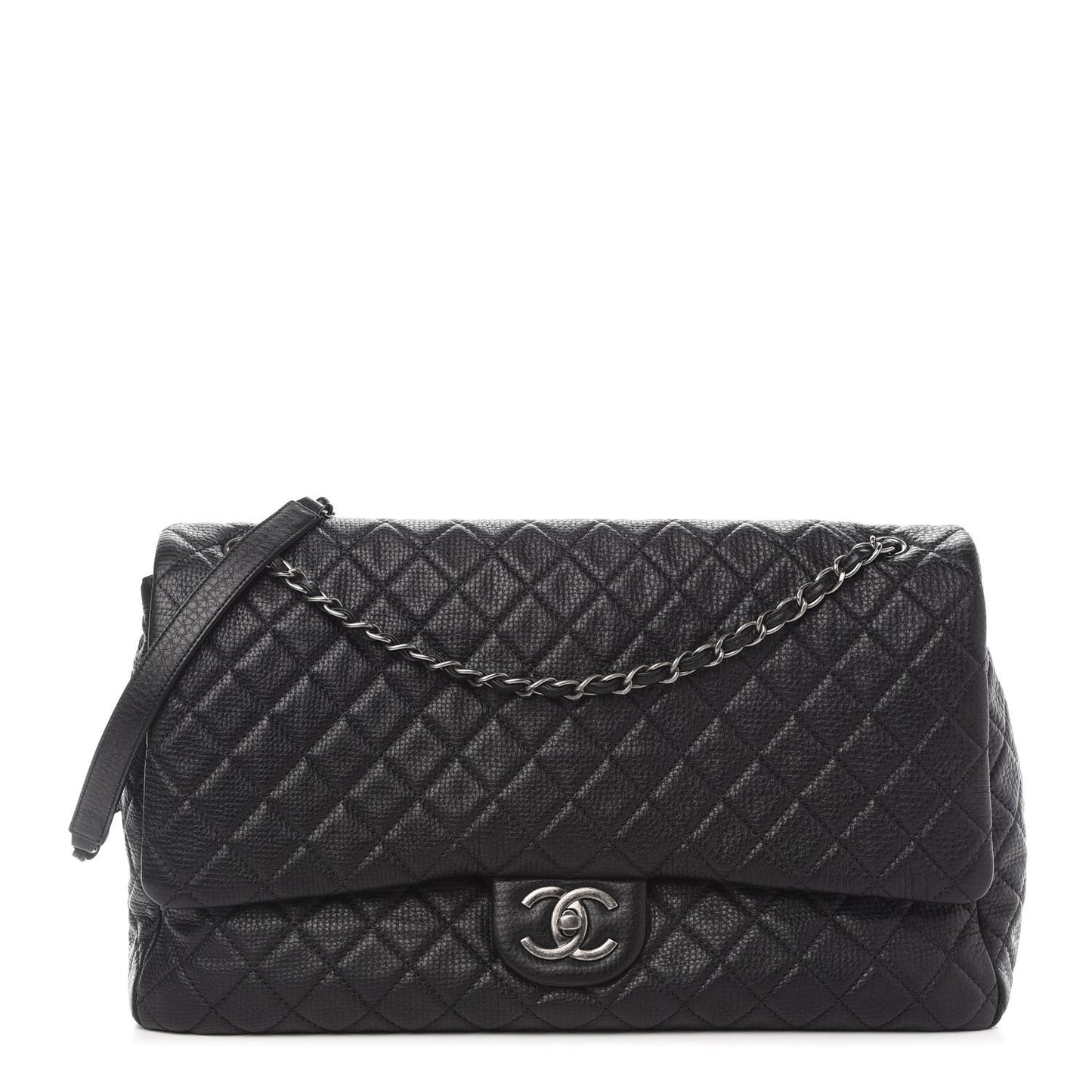 Calfskin Quilted XXL Travel Flap Bag Black