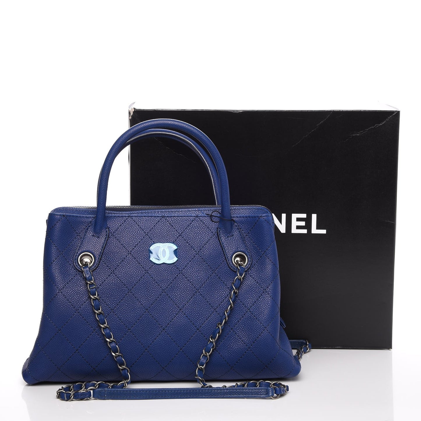 Grained Vegetal Calfskin Small Urban Shopping Tote Navy