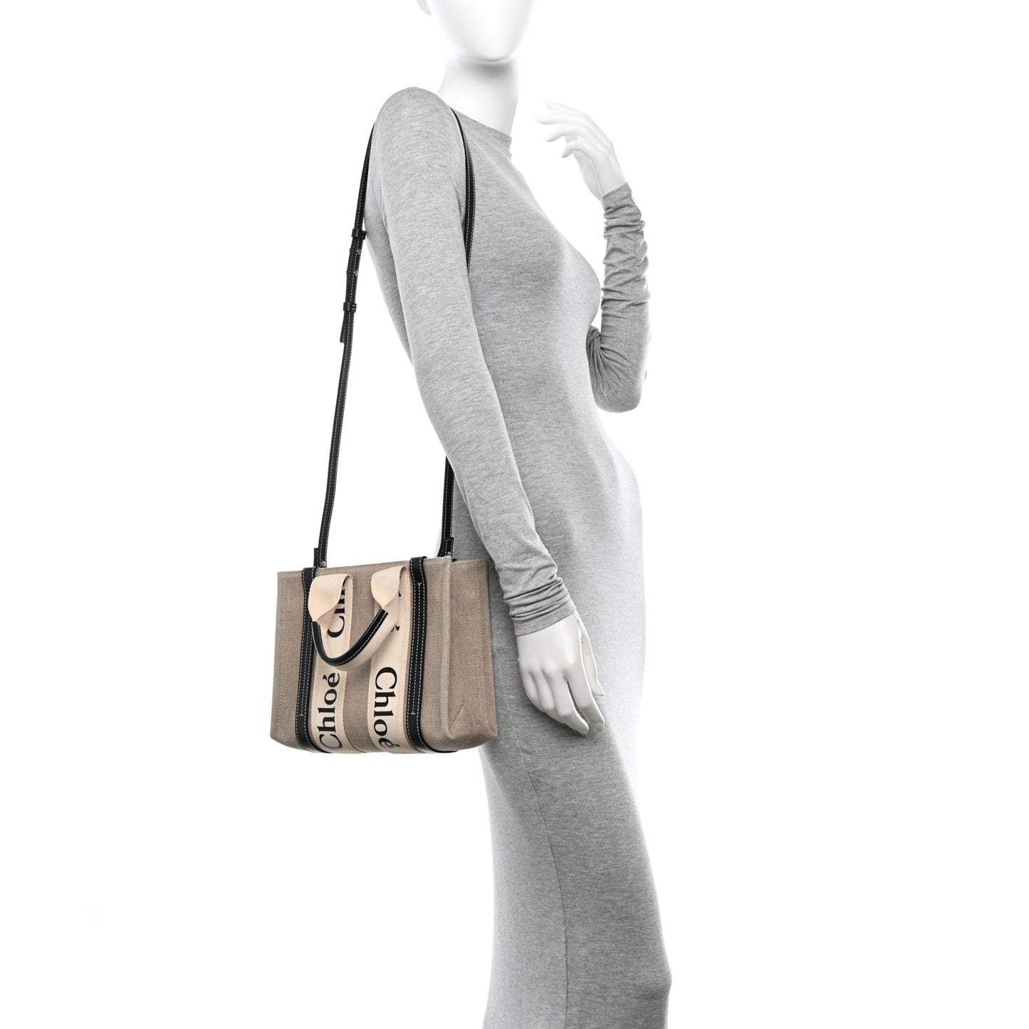 Linen Calfskin Small Woody Ribbon Tote White Black