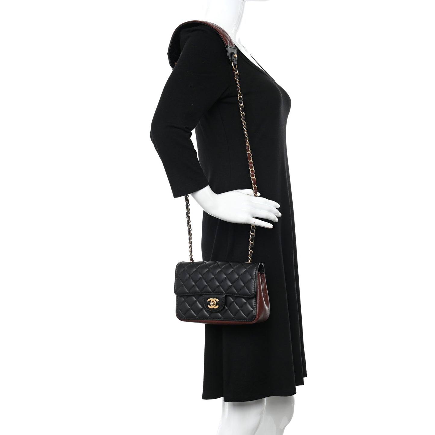 Calfskin Quilted Small Strap Into Flap Bag Black Burgundy