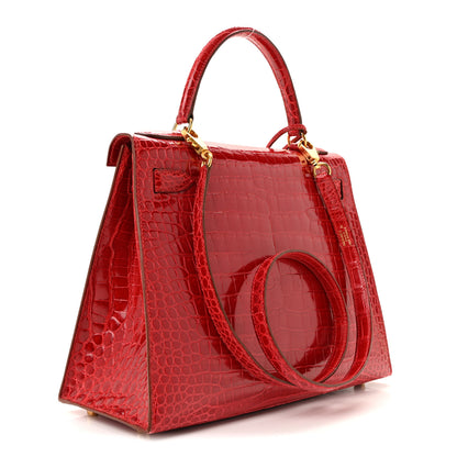 Hermes Shiny Porosus Crocodile Kelly Sellier 28 Rouge Vif 3 of 17