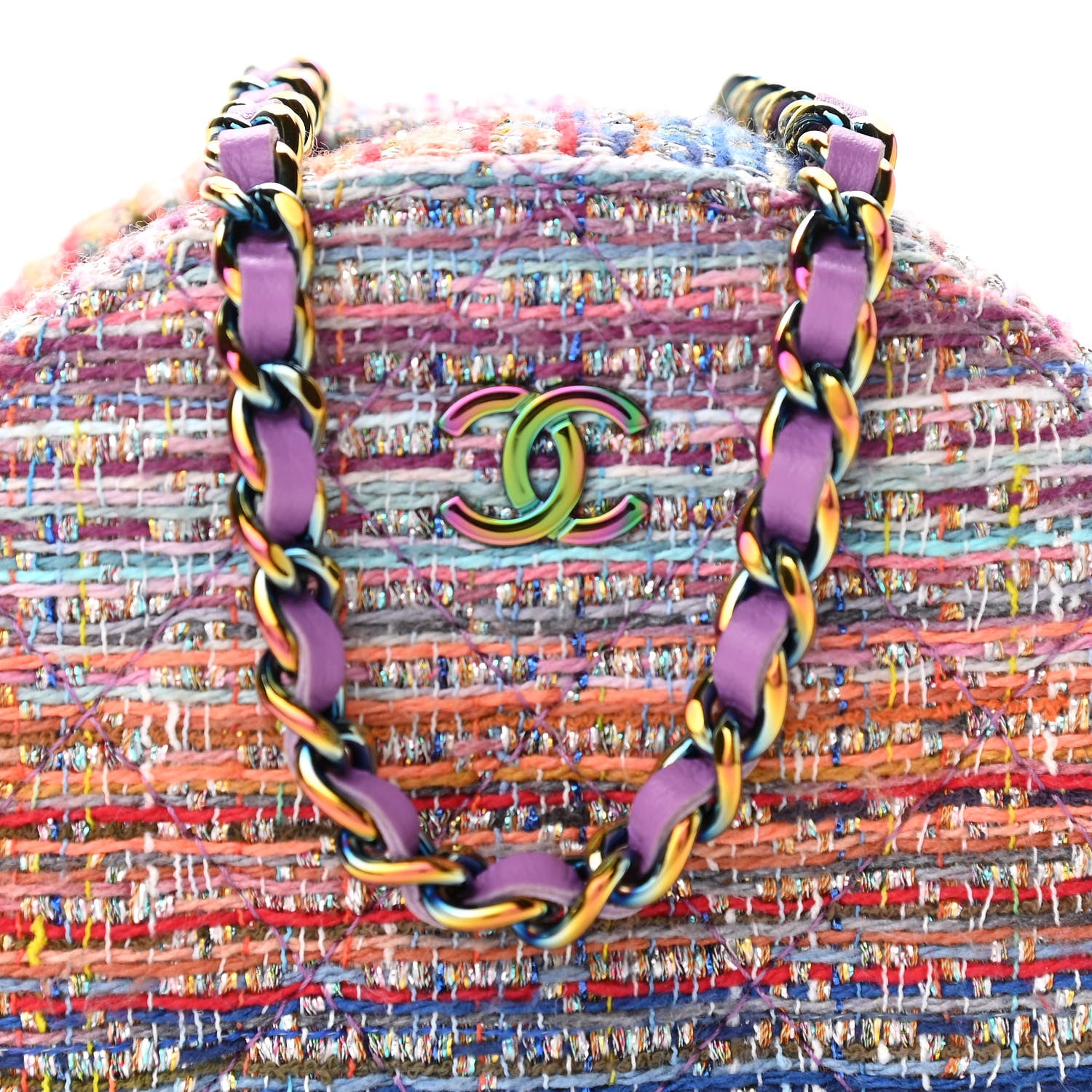 Chanel Tweed Quilted Round Clutch With Chain Blue Pink Orange 10 of 10