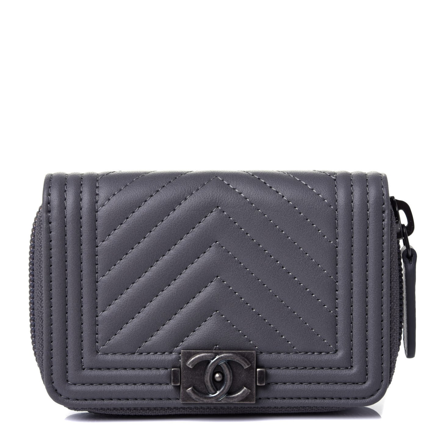 Calfskin Chevron Quilted Zip Around Boy Coin Purse Wallet Grey