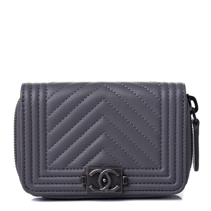 Chanel Calfskin Chevron Quilted Zip Around Boy Coin Purse Wallet Grey 1 of 5