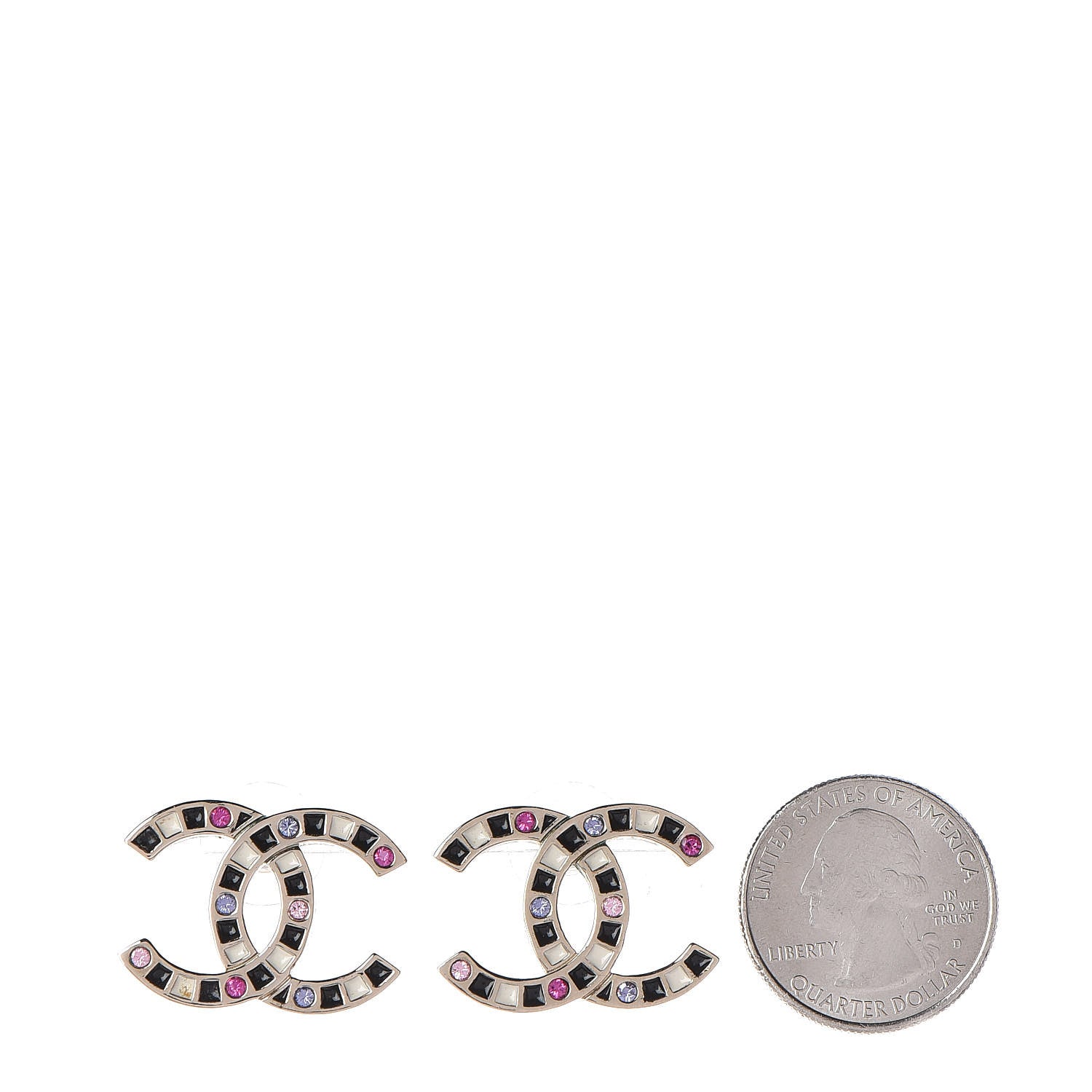 Chanel Crystal Enamel Large CC Earrings Gold Black White Pink 2 of 5