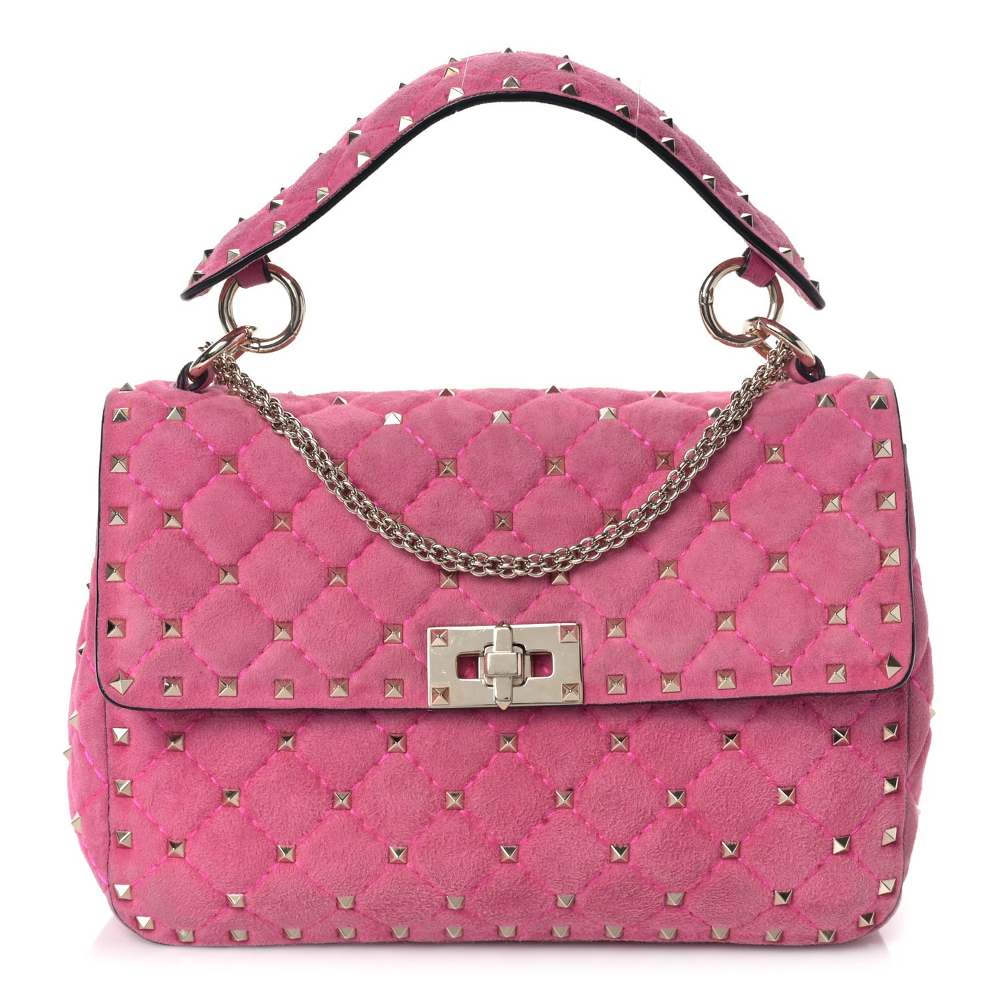 Suede Medium Rockstud Spike Shoulder Bag Bright Fuxia