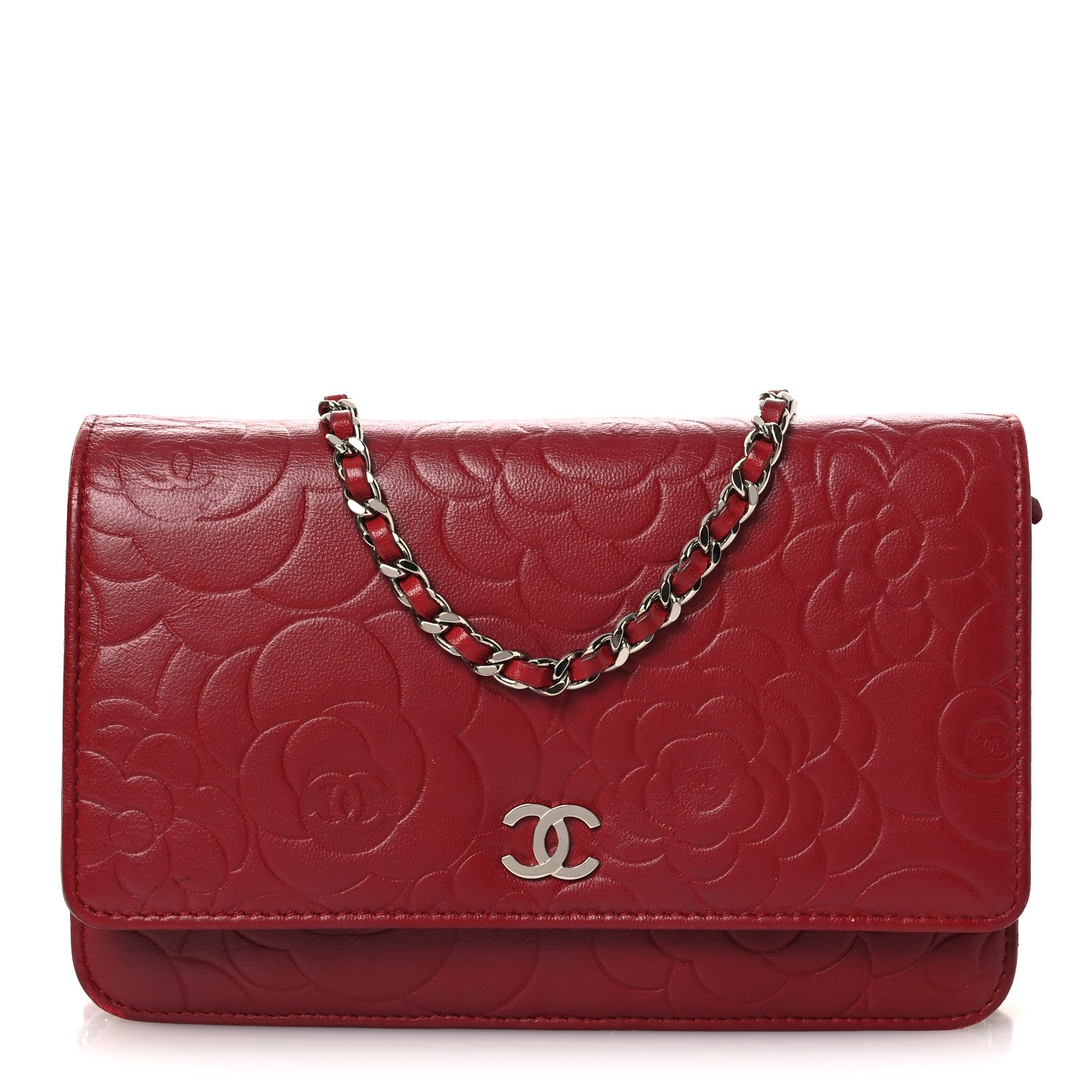 Chanel Lambskin Camellia Embossed Wallet on Chain WOC Red 1 of 14