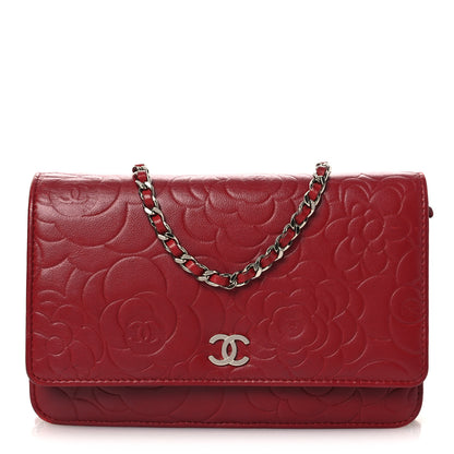 Chanel Lambskin Camellia Embossed Wallet on Chain WOC Red 1 of 14