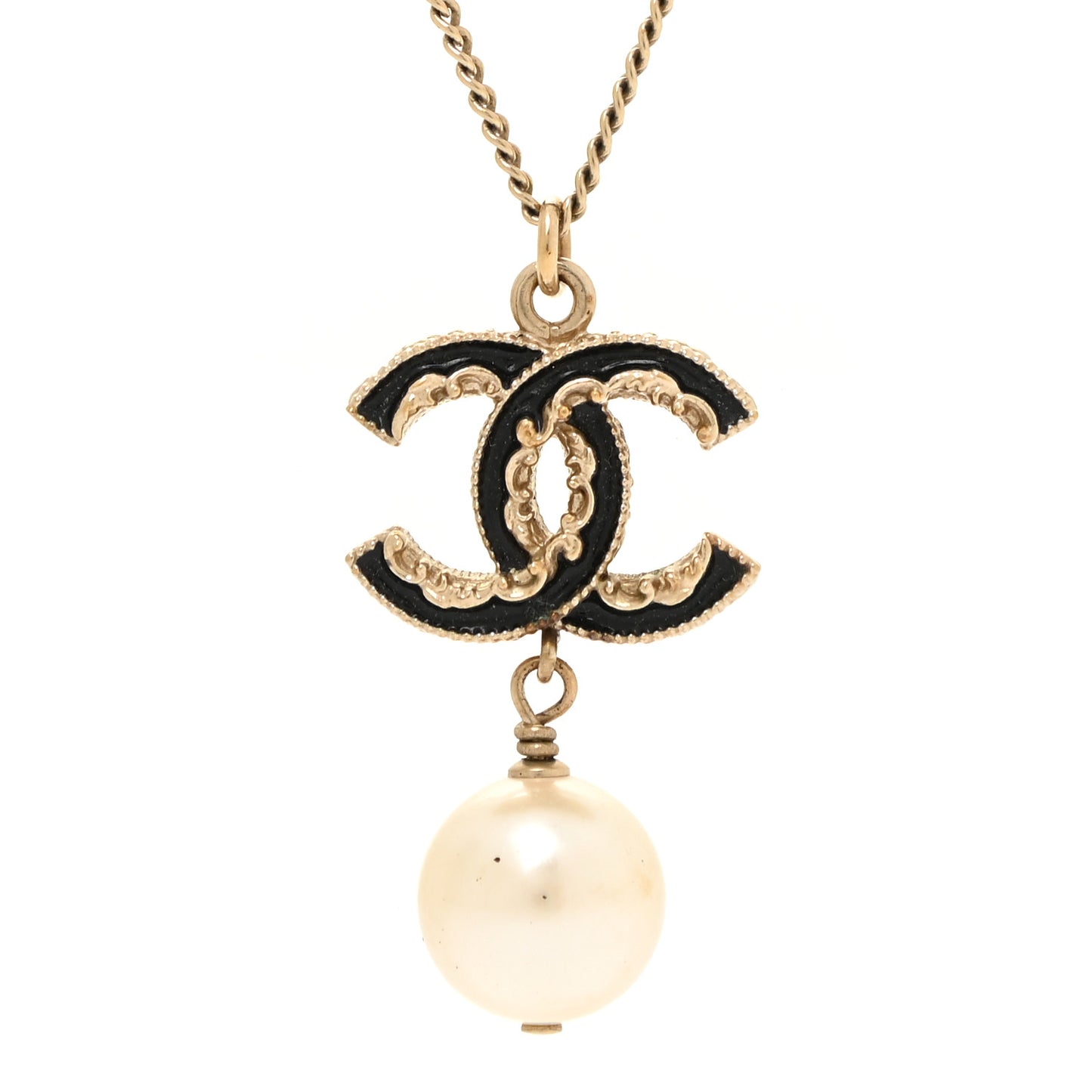 Enamel Pearl CC Baroque Drop Necklace Black Gold