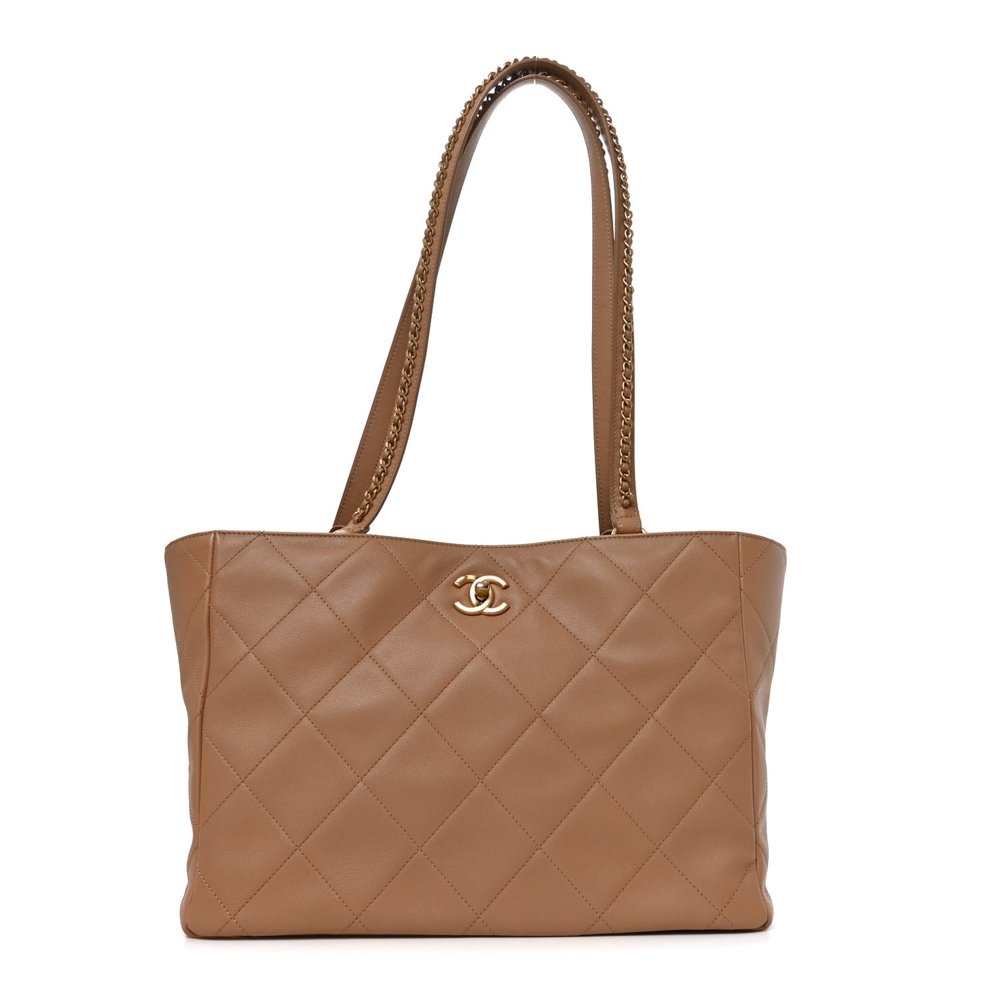 Calfskin Quilted Book Pocket Shopping Tote Beige