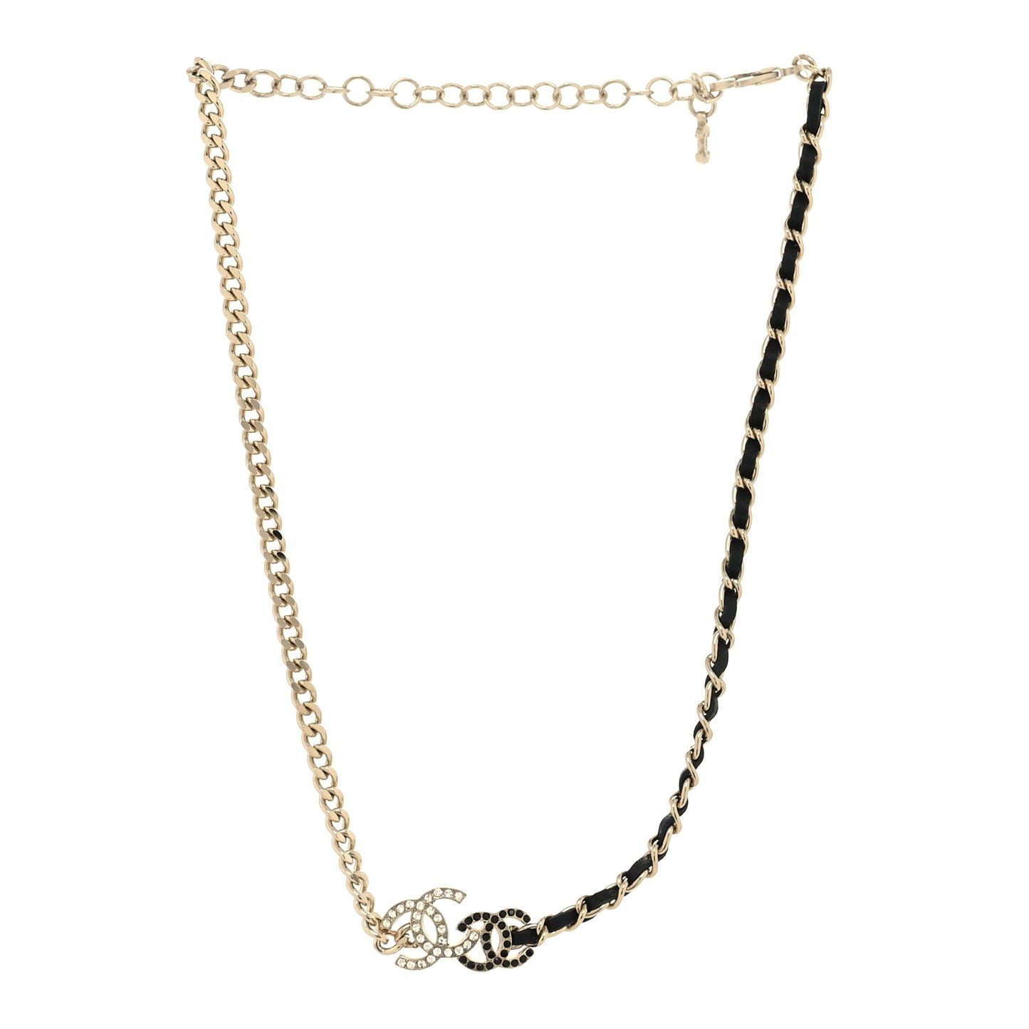 Metal Calfskin Crystal Double CC Short Necklace Black Gold