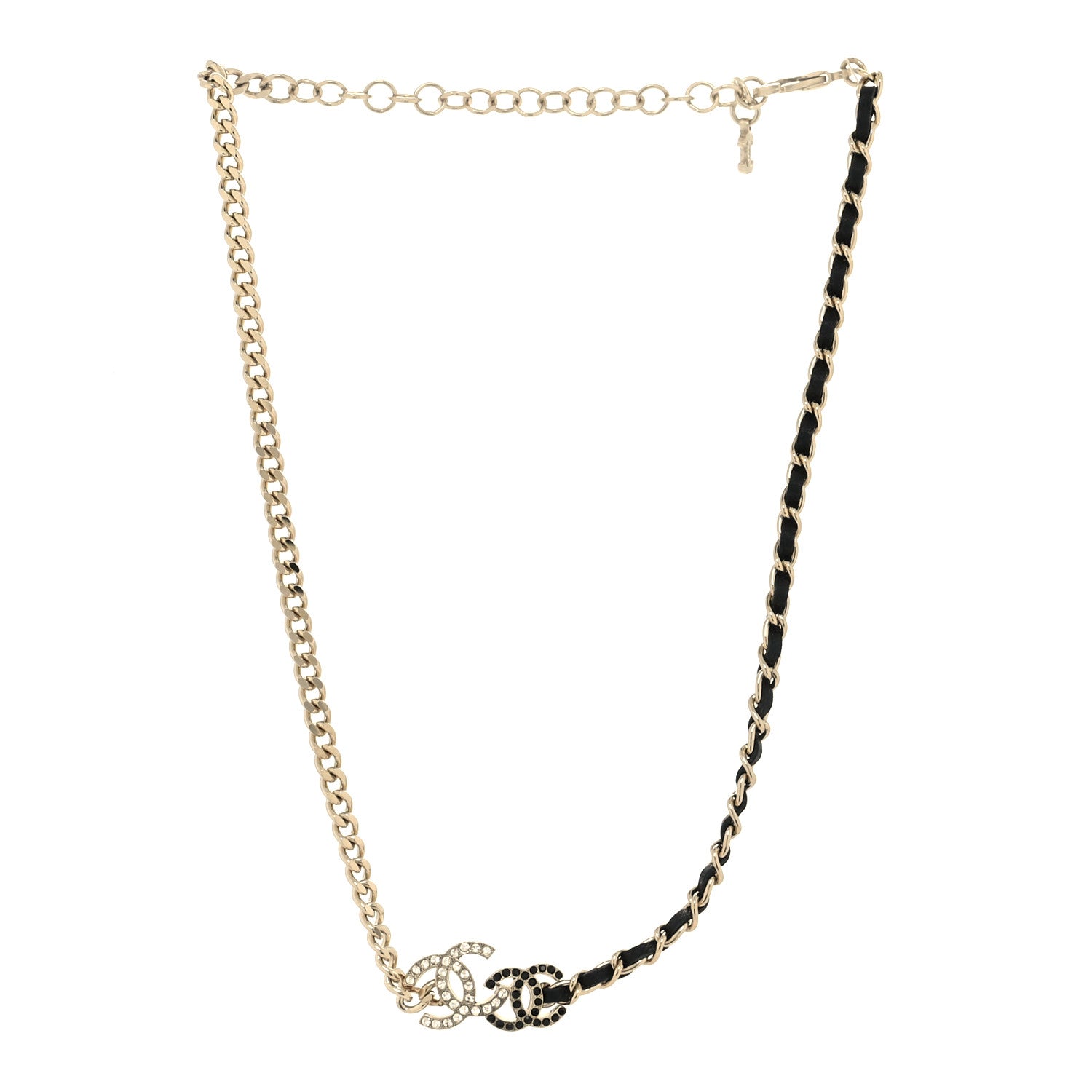 Chanel Metal Calfskin Crystal Double CC Short Necklace Black Gold 3 of 5